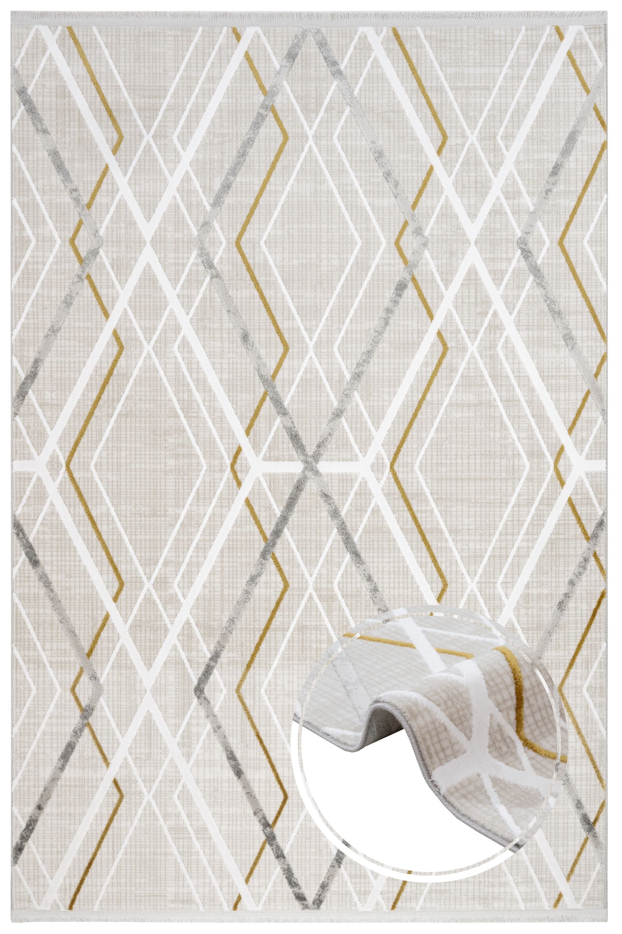 Gold Geometric Area Rug - Machine Made Rug with Fringed Edge for Stylish Home Decor