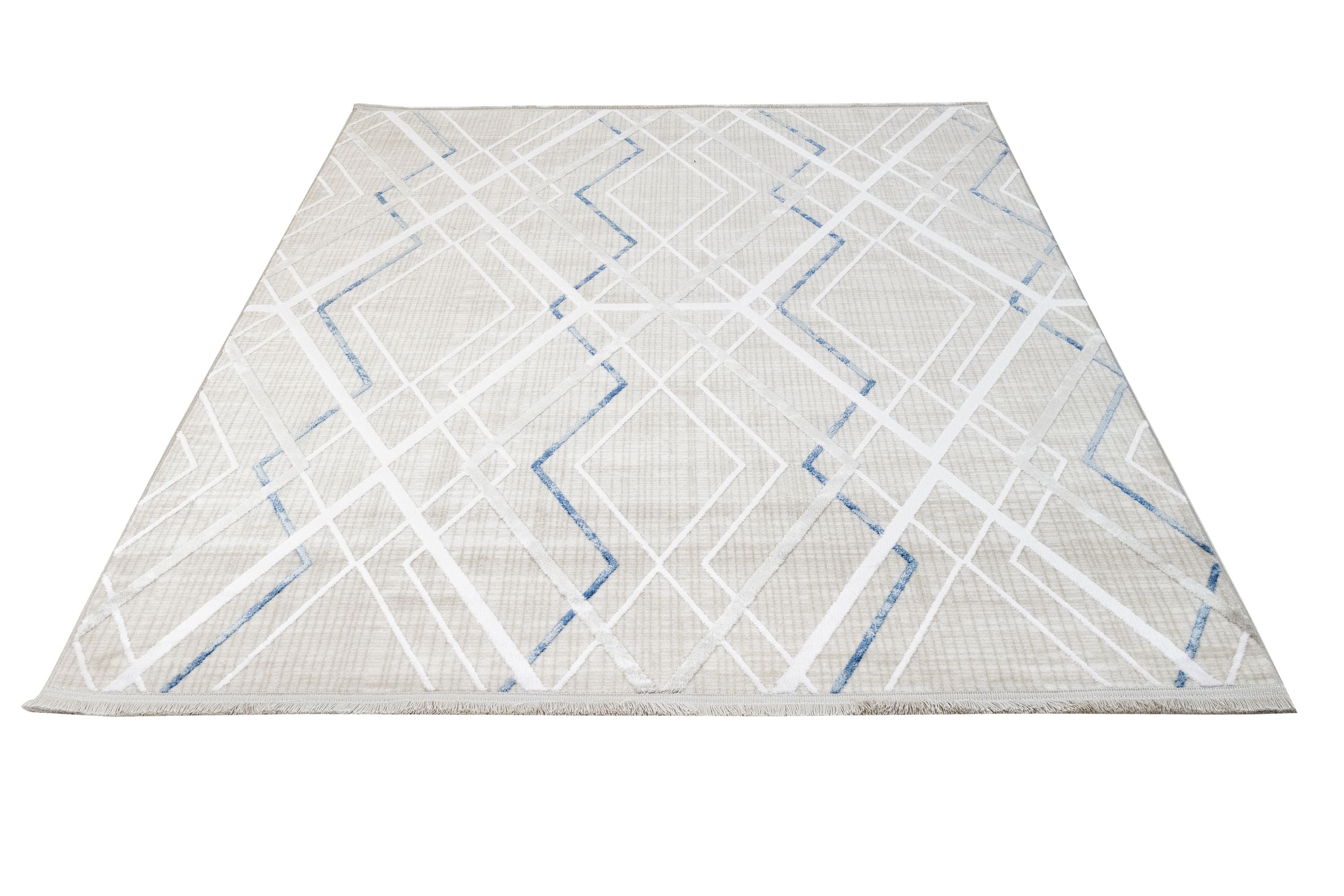 Blue Geometric Area Rug – Machine Made Carpet With Fringed Edges For Modern Living Room