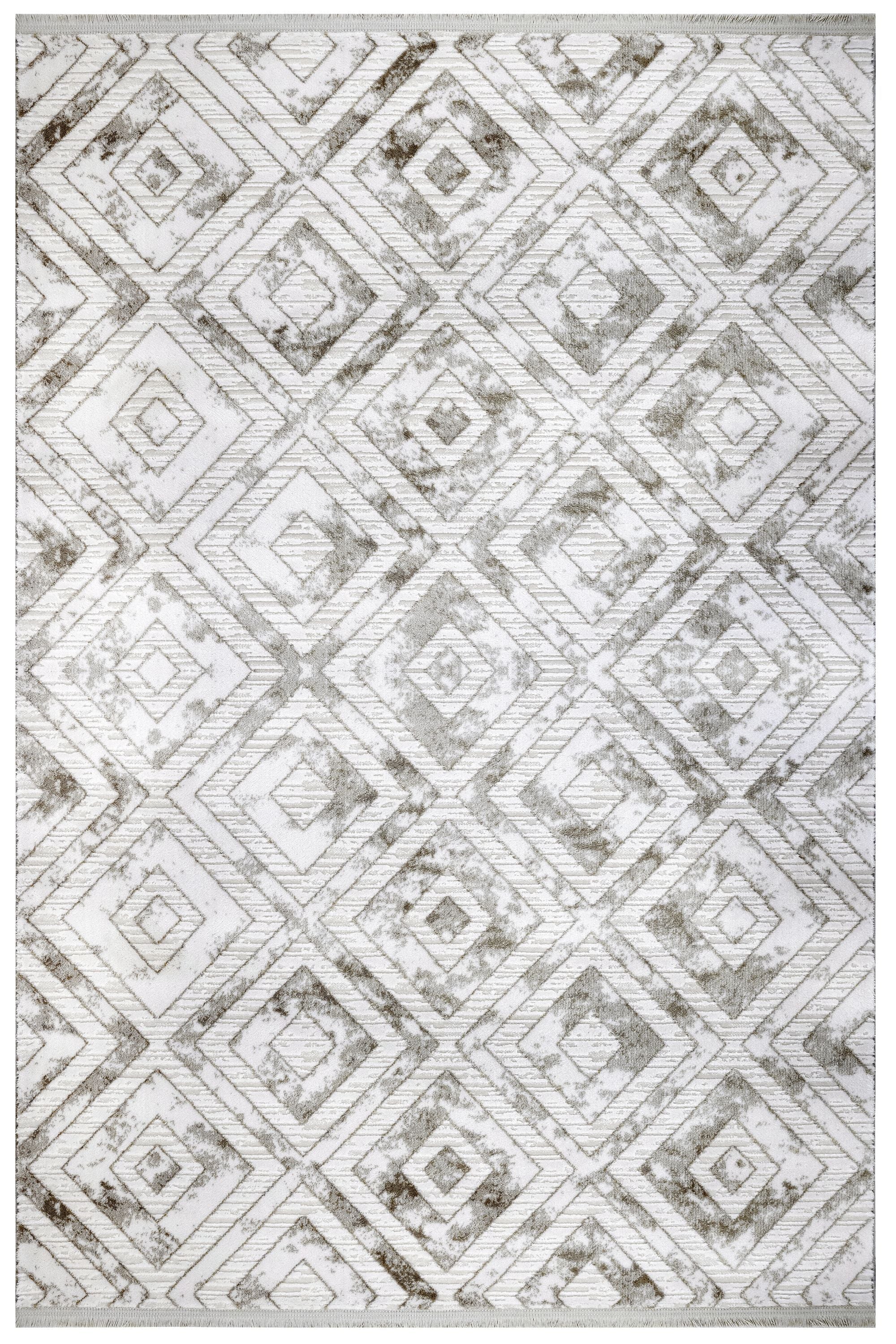 Geometric Area Rug - Machine Made Grey Acrylic Rug With Fringed Edges