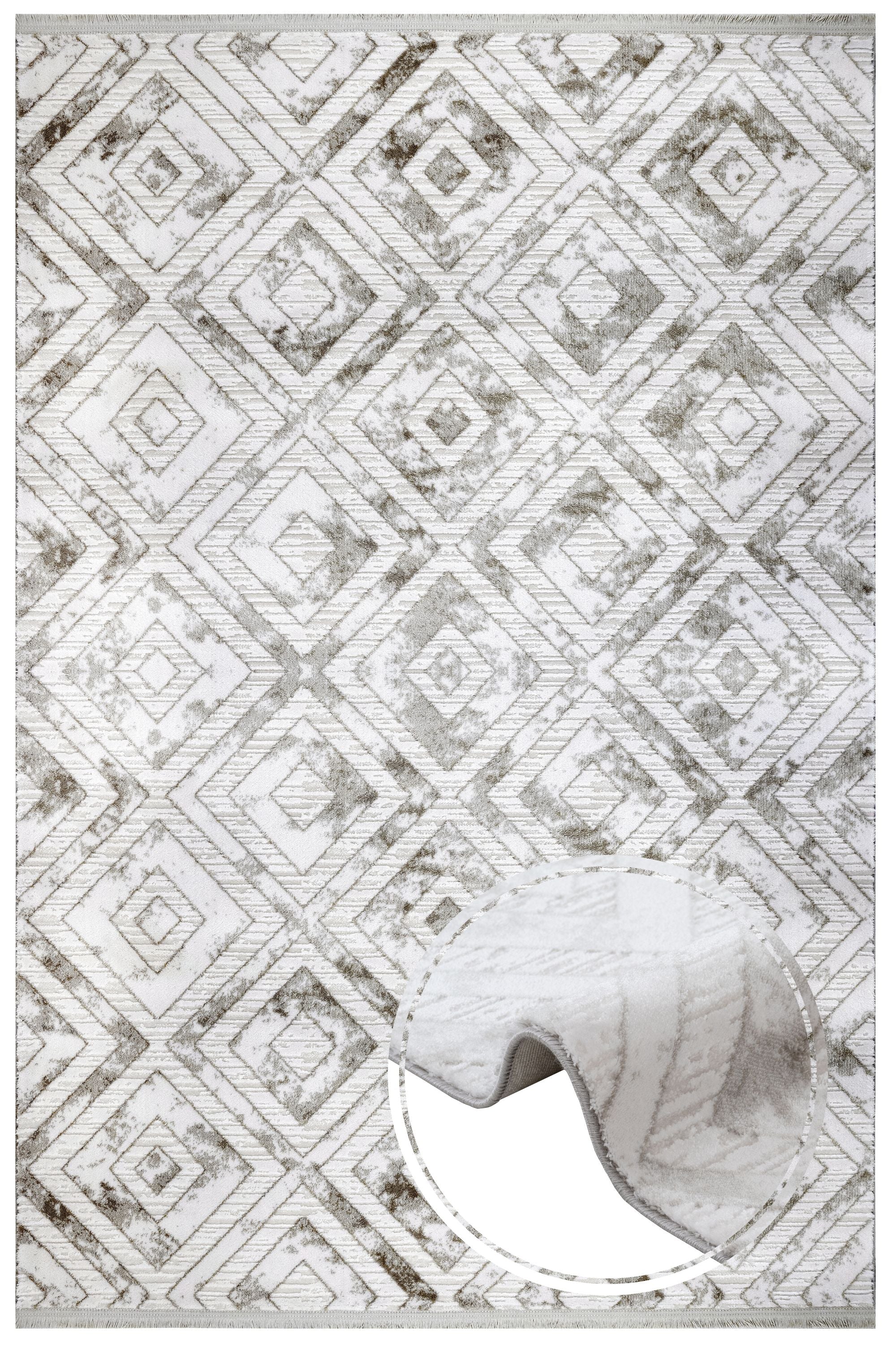 Geometric Area Rug - Machine Made Grey Acrylic Rug With Fringed Edges