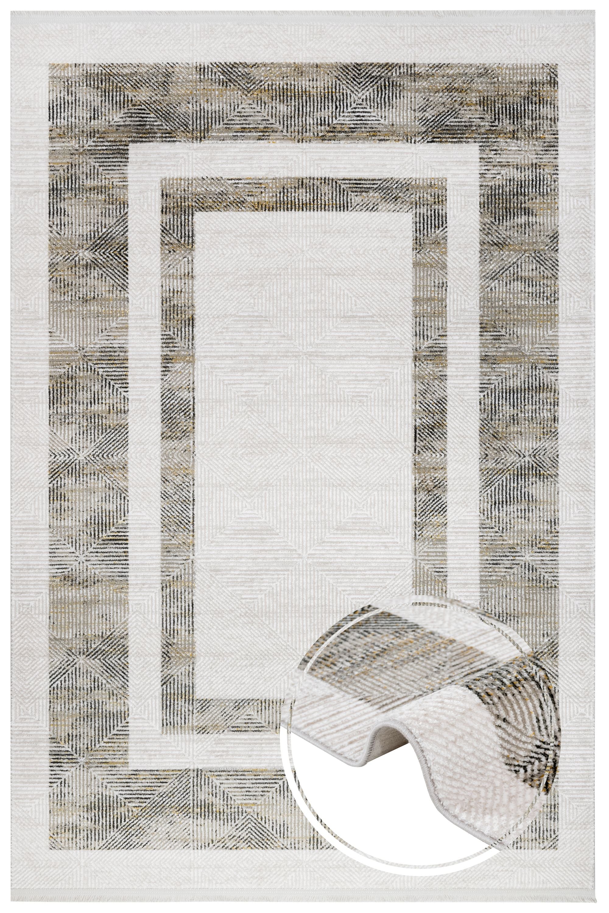 Anthracite Geometric Rug – Machine Made Rug with Fringed Edges for Living Room