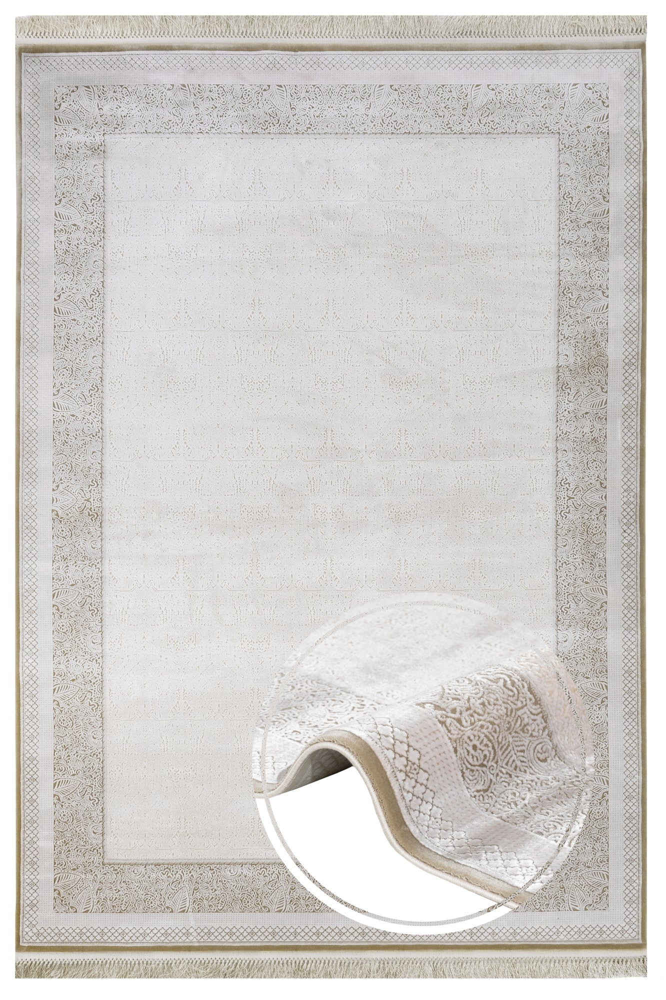 Classic Viscose Area Rug – Machine Made Cream Rug with Fringed Edges for Living Room