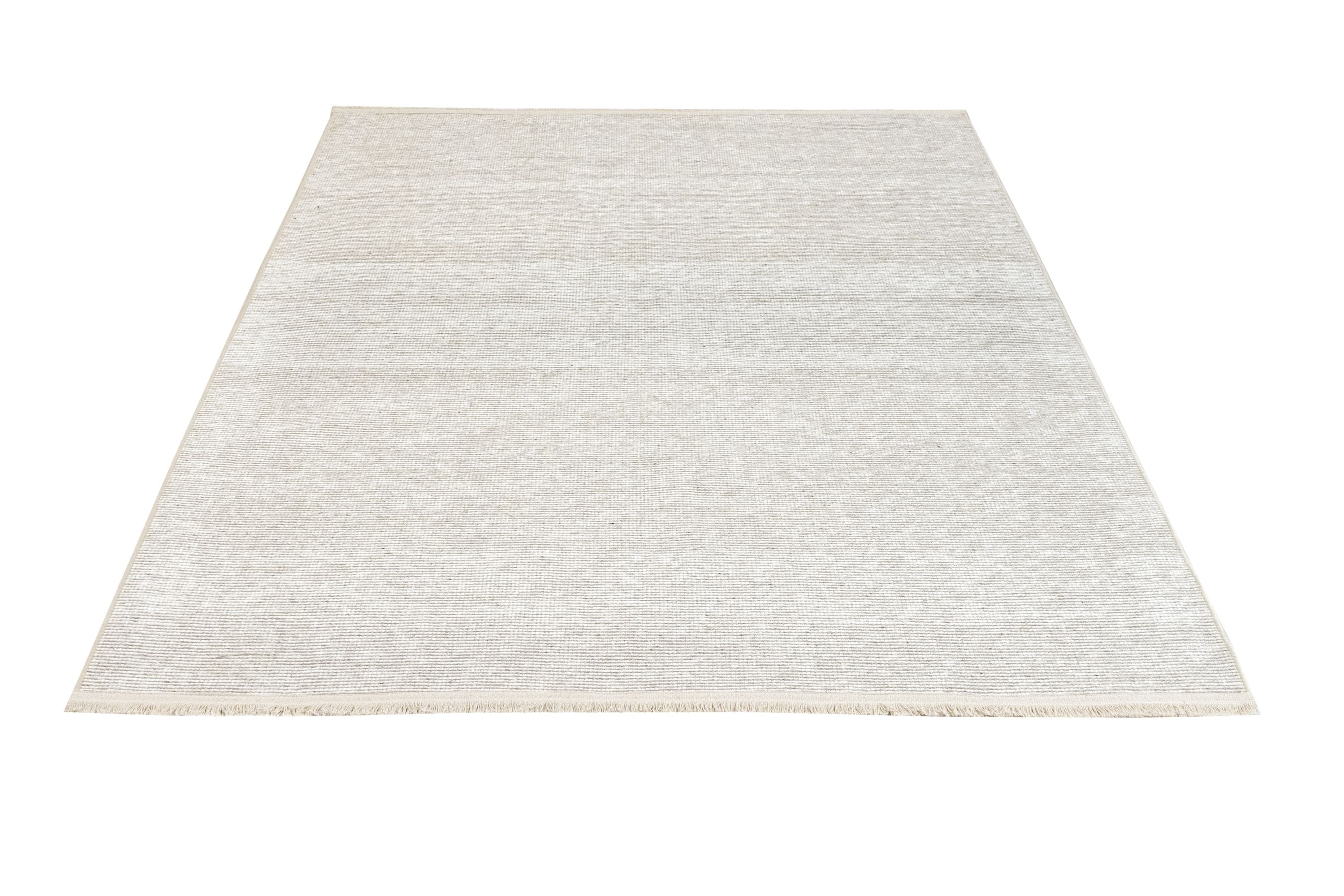 Modern Wool Area Rug - Beige Machine Made Rug With Fringed Edges & Soft Texture