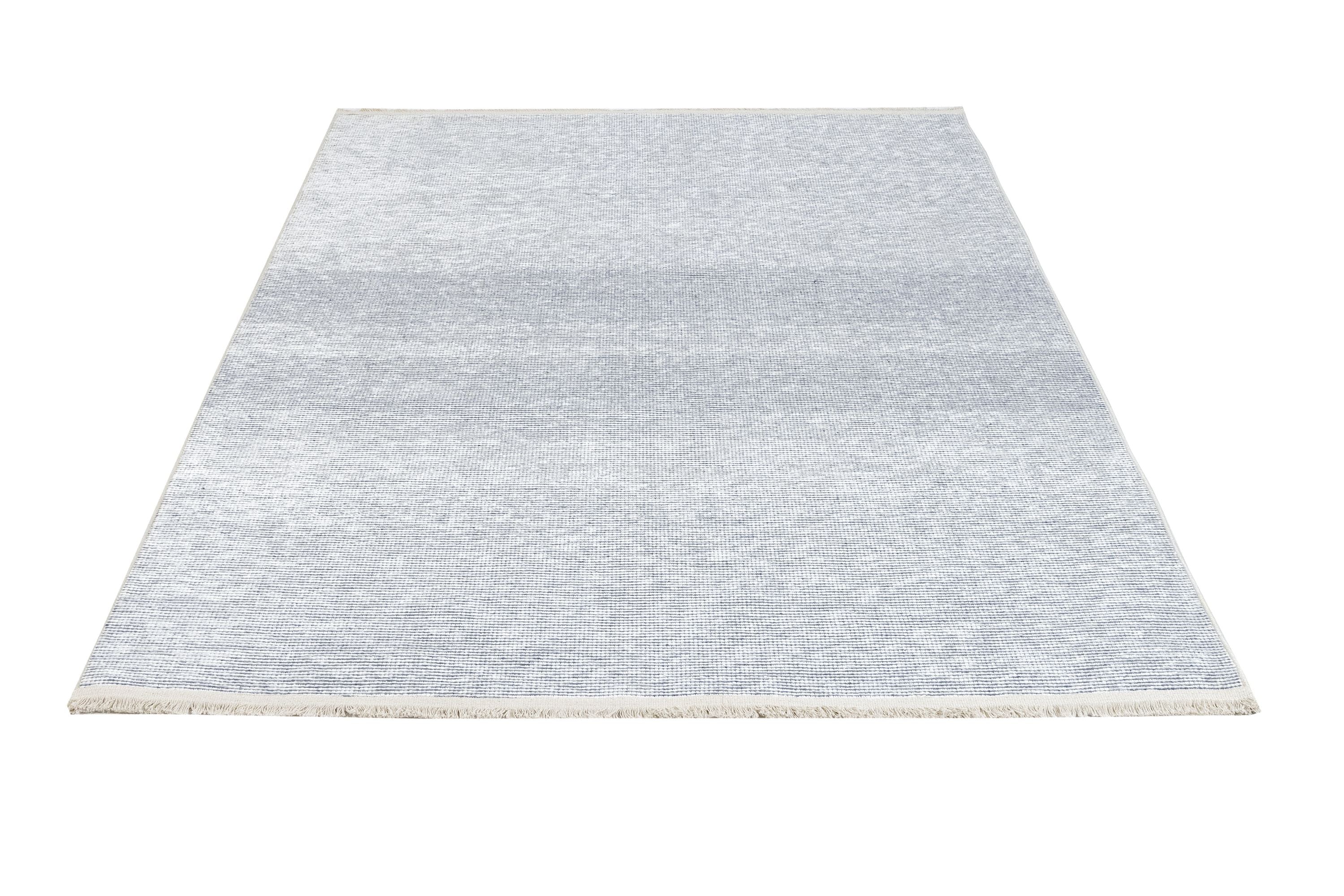 Modern Wool Area Rug – Navy Blue Machine Made Rug with Fringed Edges