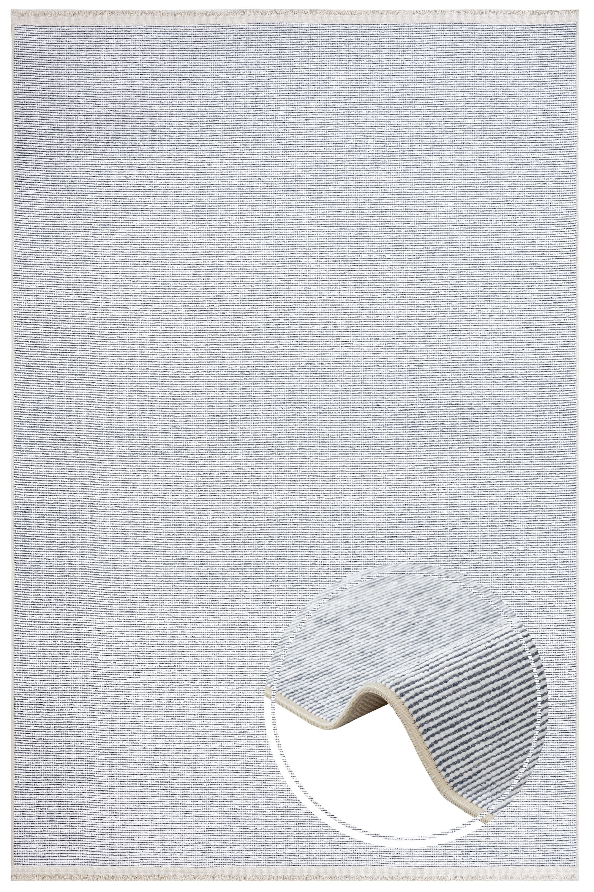 Modern Wool Area Rug – Navy Blue Machine Made Rug with Fringed Edges