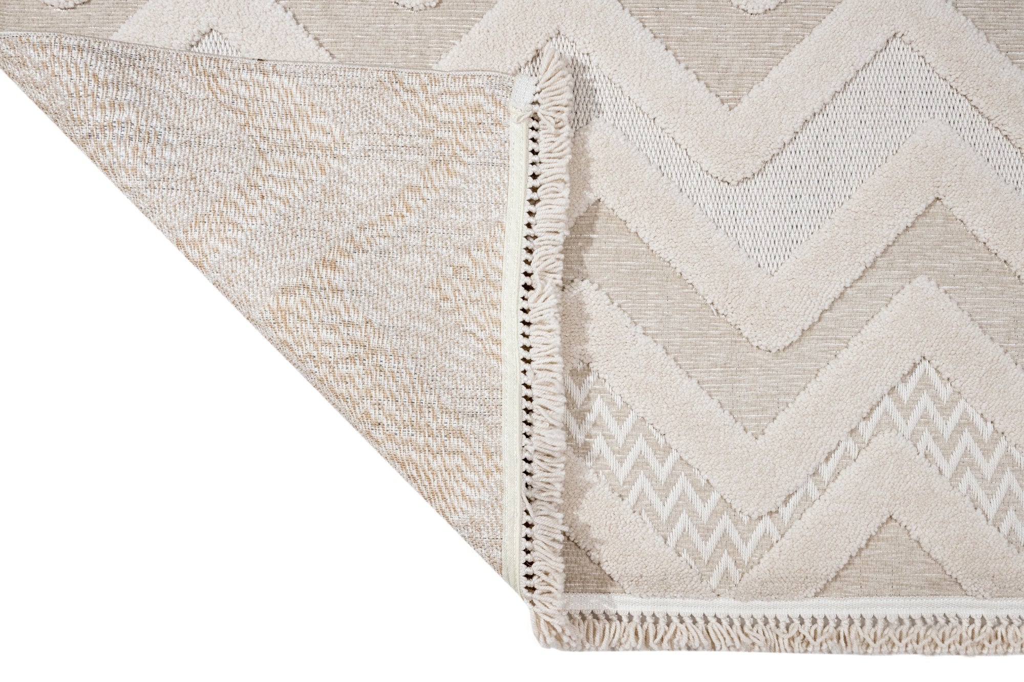 Beige Chenille Area Rug - Machine Made Zigzag Pattern Rug With Cotton Base
