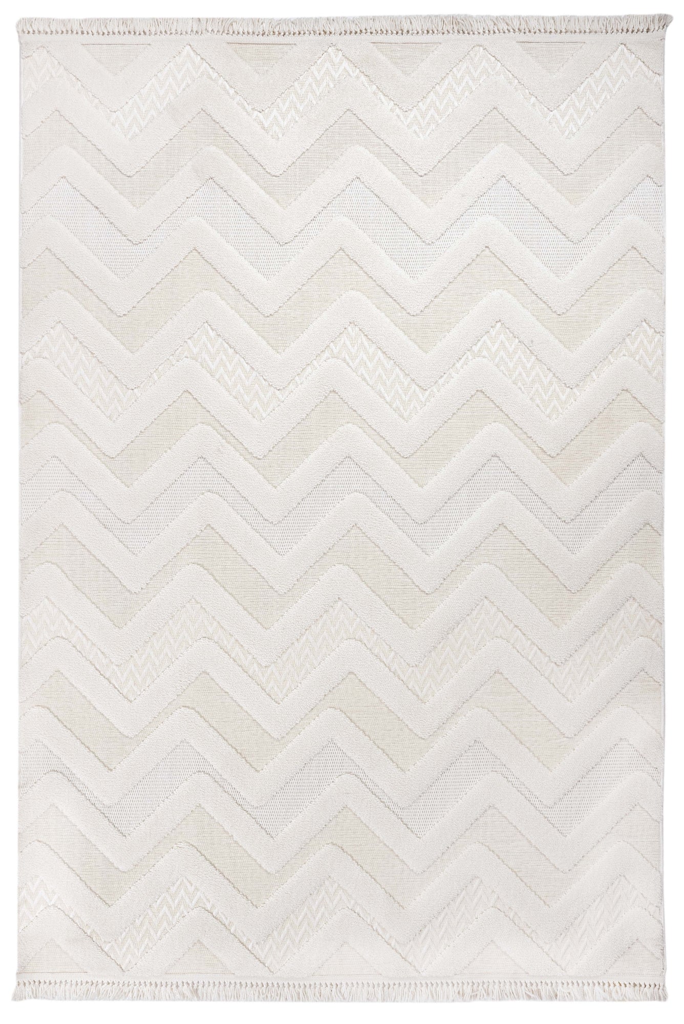 Chenille Area Rug – Machine Made Cream Zigzag Rug with Cotton Base