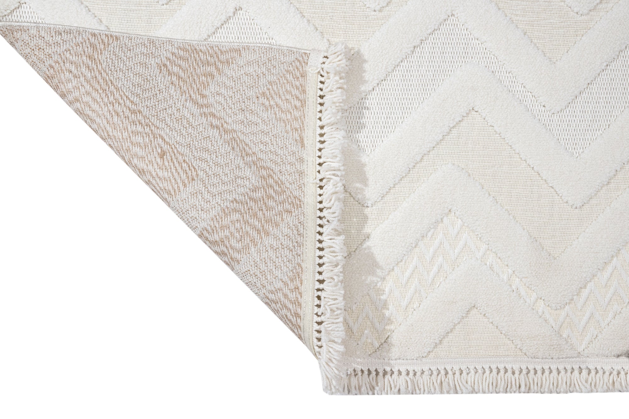 Chenille Area Rug – Machine Made Cream Zigzag Rug with Cotton Base