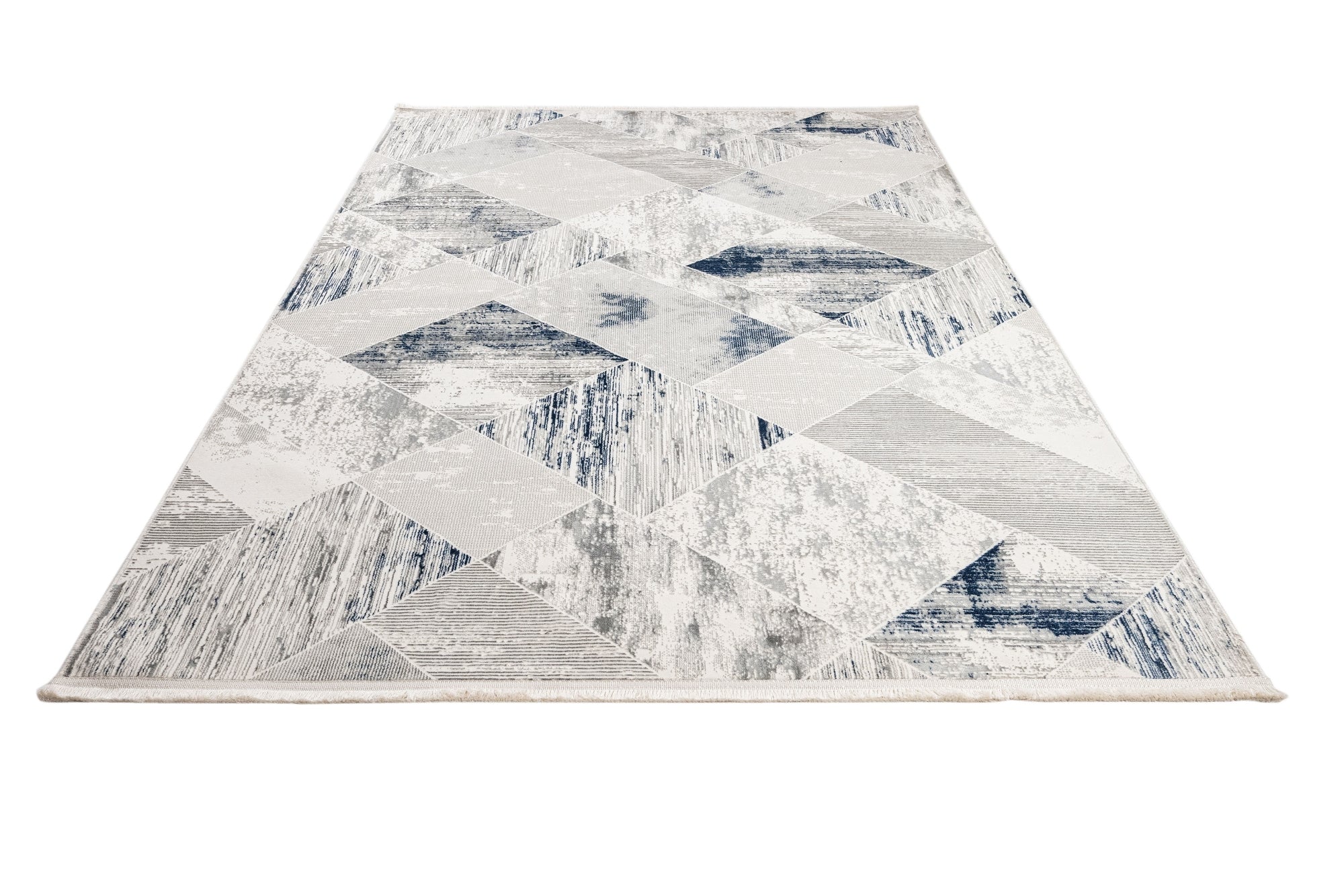 Blue Geometric Area Rug - Machine Made Microfiber Cotton Base Rug With Antislip