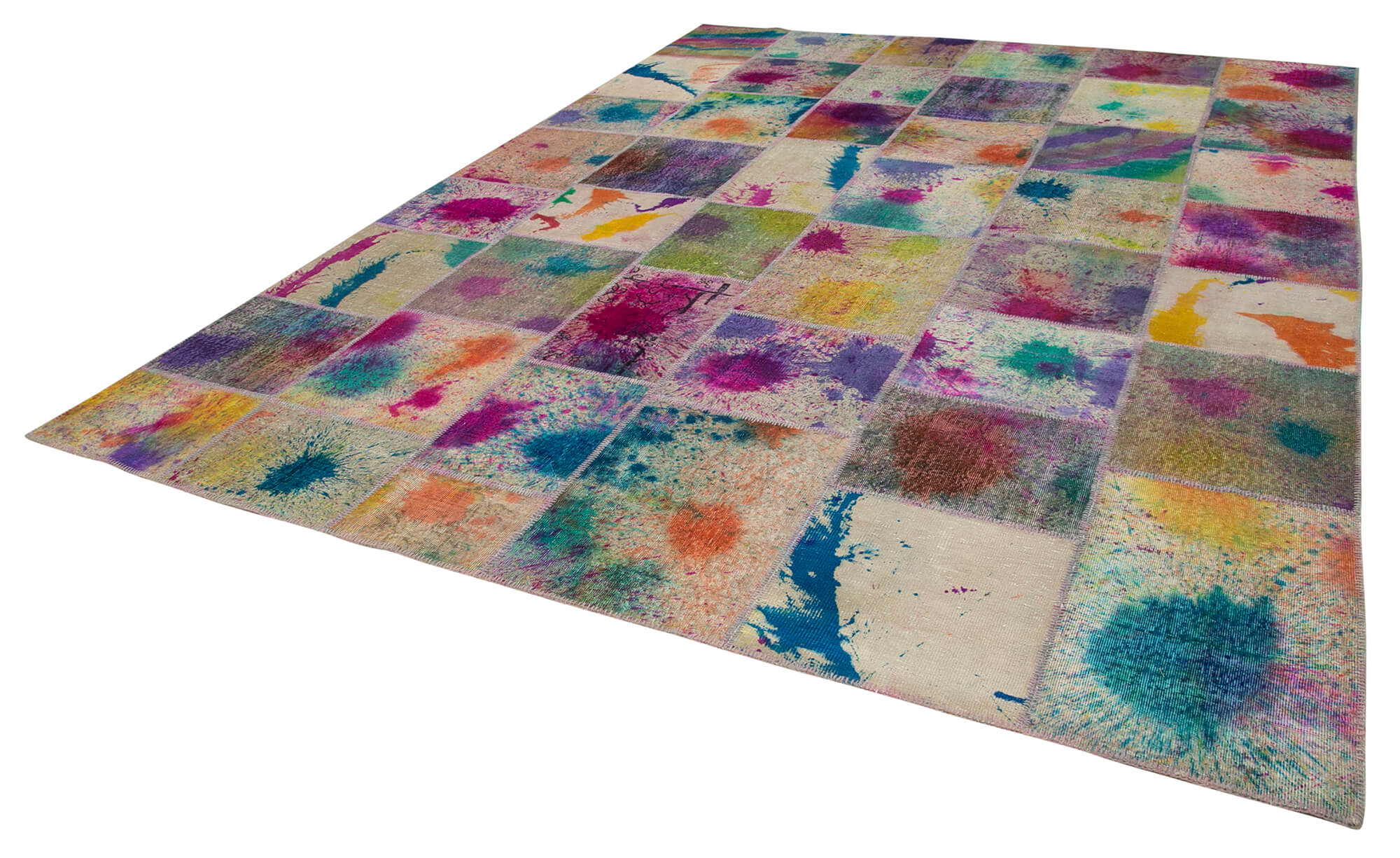 Handmade Wool Area Rug – Pink Patchwork Vintage Turkish Hand Knotted Carpet 10x13