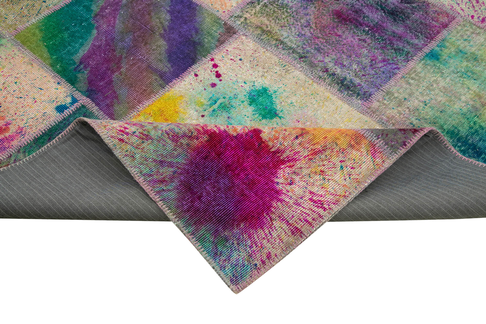 Handmade Wool Area Rug – Pink Patchwork Vintage Turkish Hand Knotted Carpet 10x13