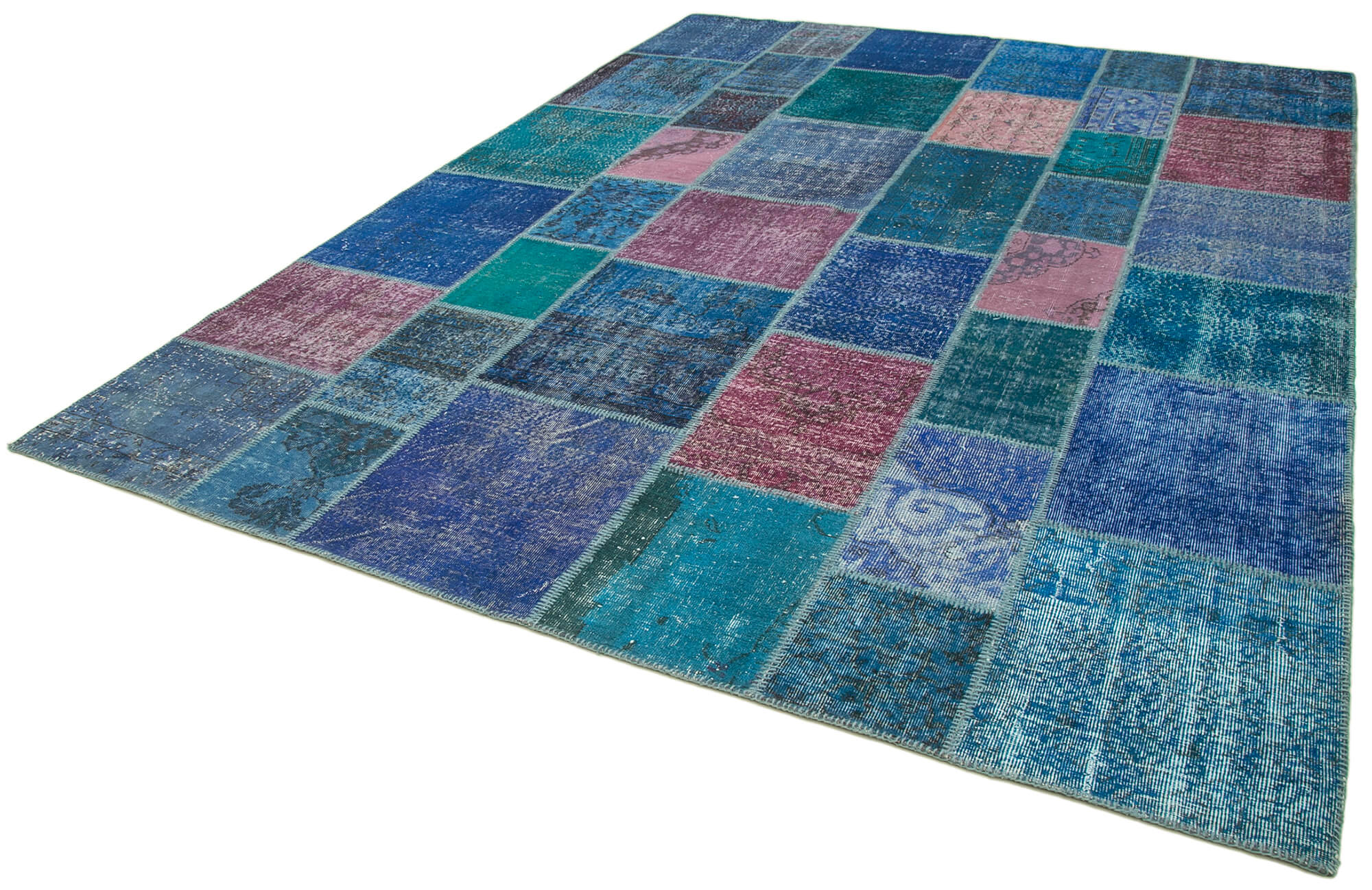 Handmade Patchwork Rug - Blue Area Rug Cotton Wool Vintage Handwoven Carpet 8'6"x11'7"
