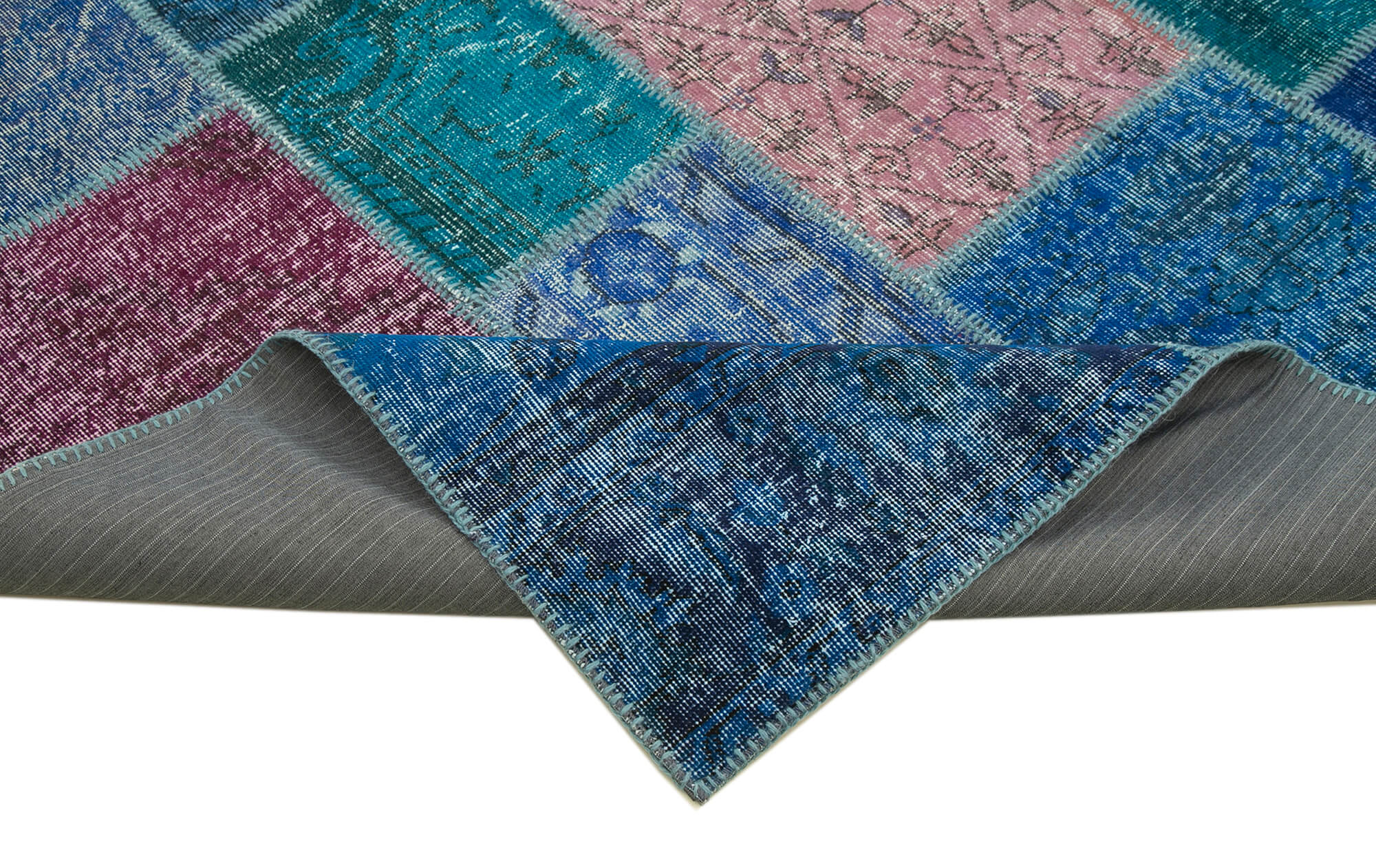 Handmade Patchwork Rug - Blue Area Rug Cotton Wool Vintage Handwoven Carpet 8'6"x11'7"