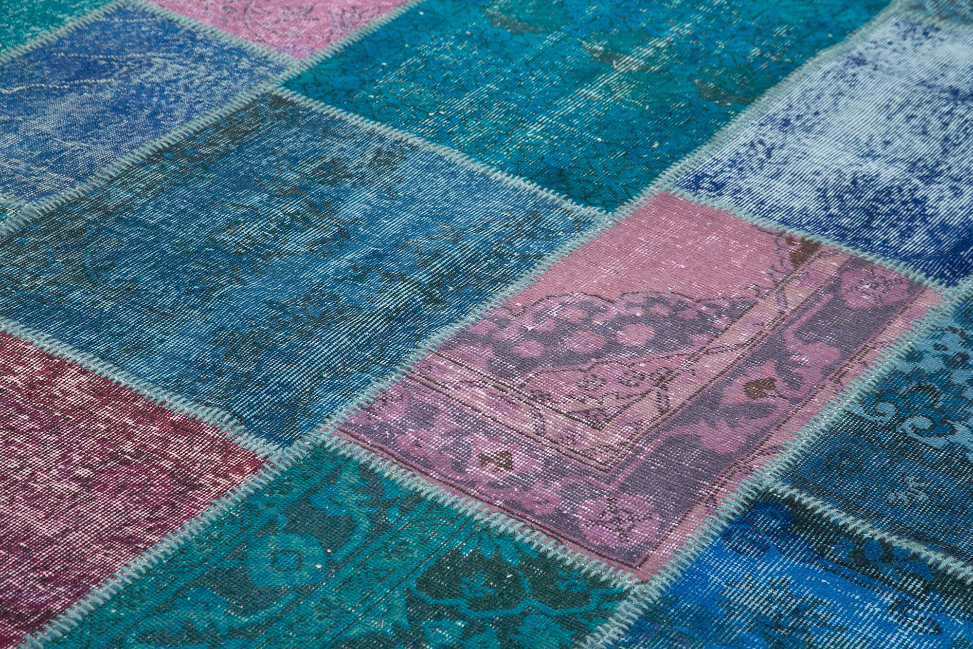 Handmade Area Rug - Blue Patchwork Cotton Wool Vintage Handwoven Carpet 8'6" x 11'8"