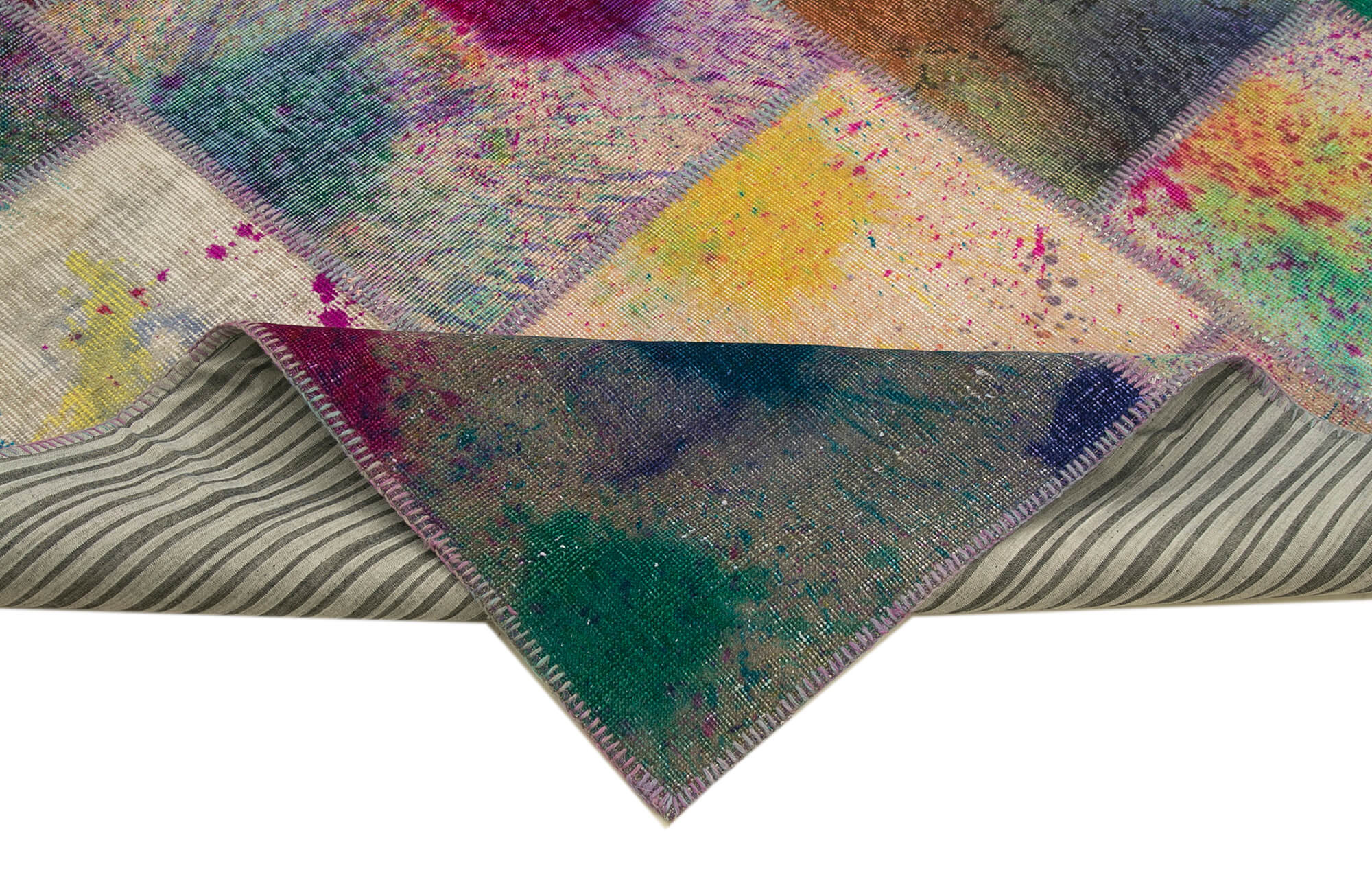 Handmade Area Rug - Pink Patchwork Cotton Wool Vintage Hand Woven Carpet 8'2''x11'6''