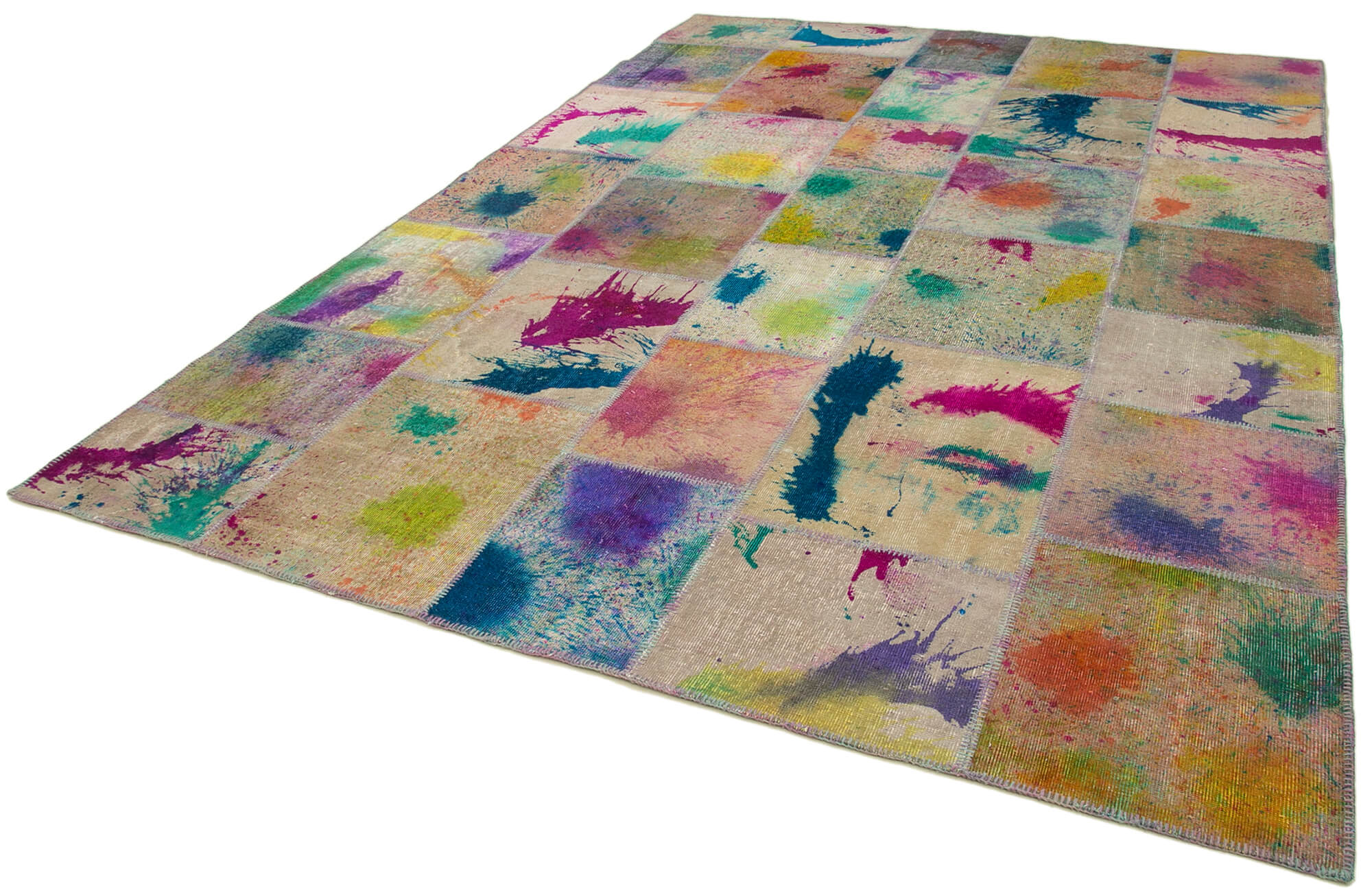 Handmade Area Rug - Pink Patchwork Cotton Wool Vintage Turkish Carpet 8'2''x11'7''