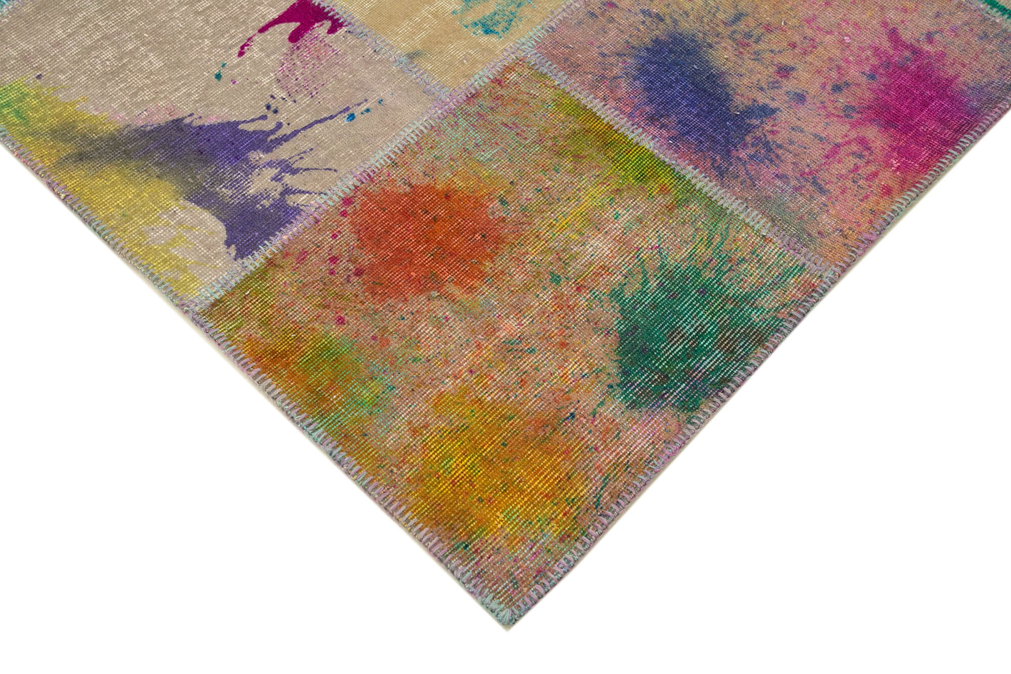 Handmade Area Rug - Pink Patchwork Cotton Wool Vintage Turkish Carpet 8'2''x11'7''