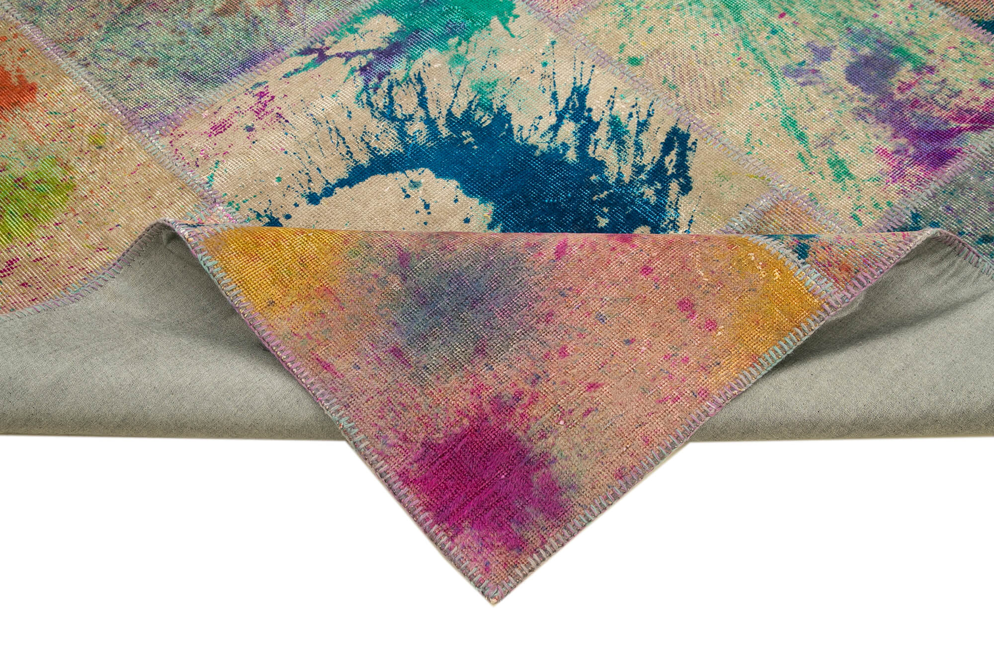 Handmade Area Rug - Pink Patchwork Cotton Wool Vintage Turkish Carpet 8'2''x11'7''