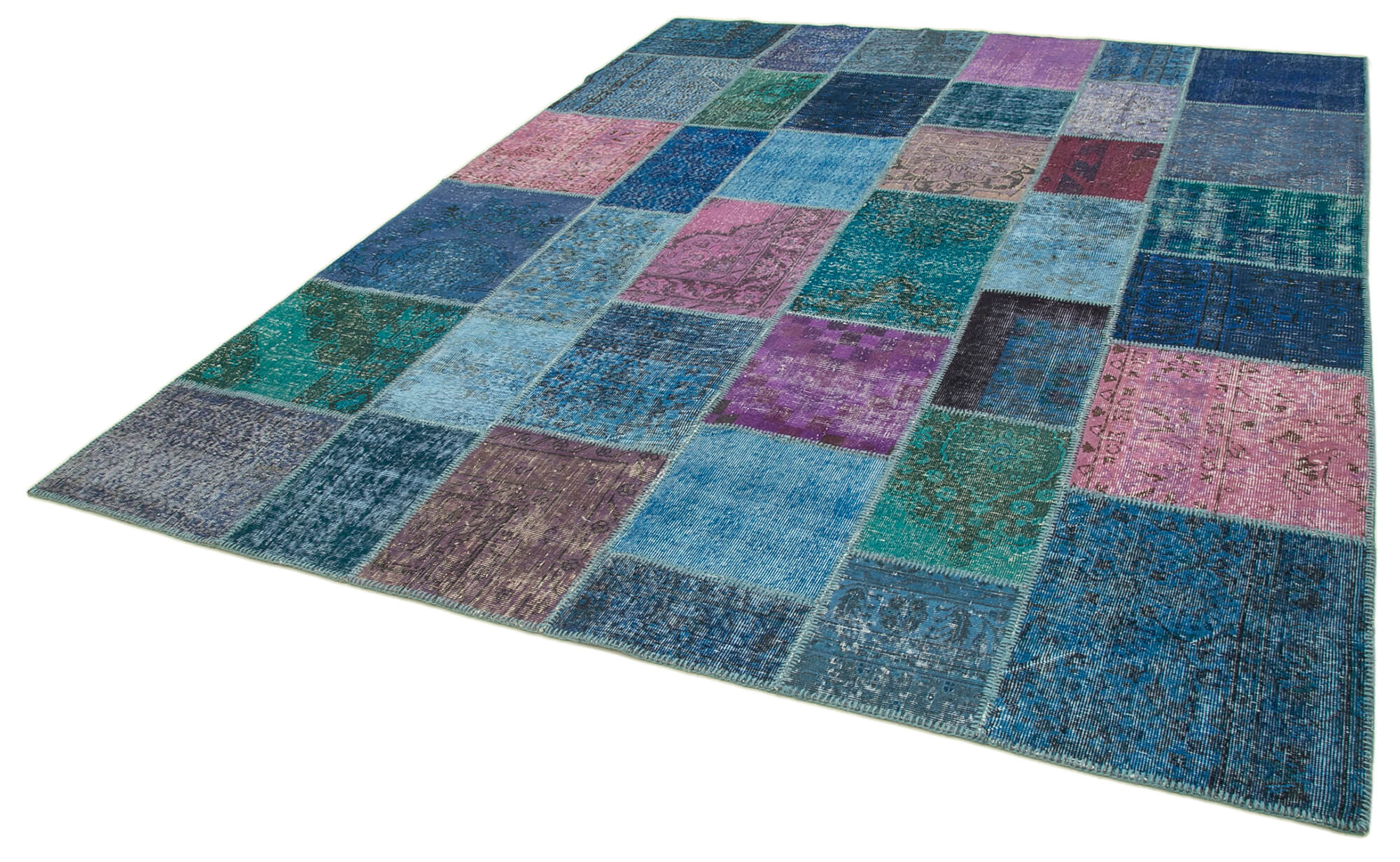 Handmade Wool Area Rug - Blue Patchwork Cotton Wool Carpet | Durable Artisan Crafted