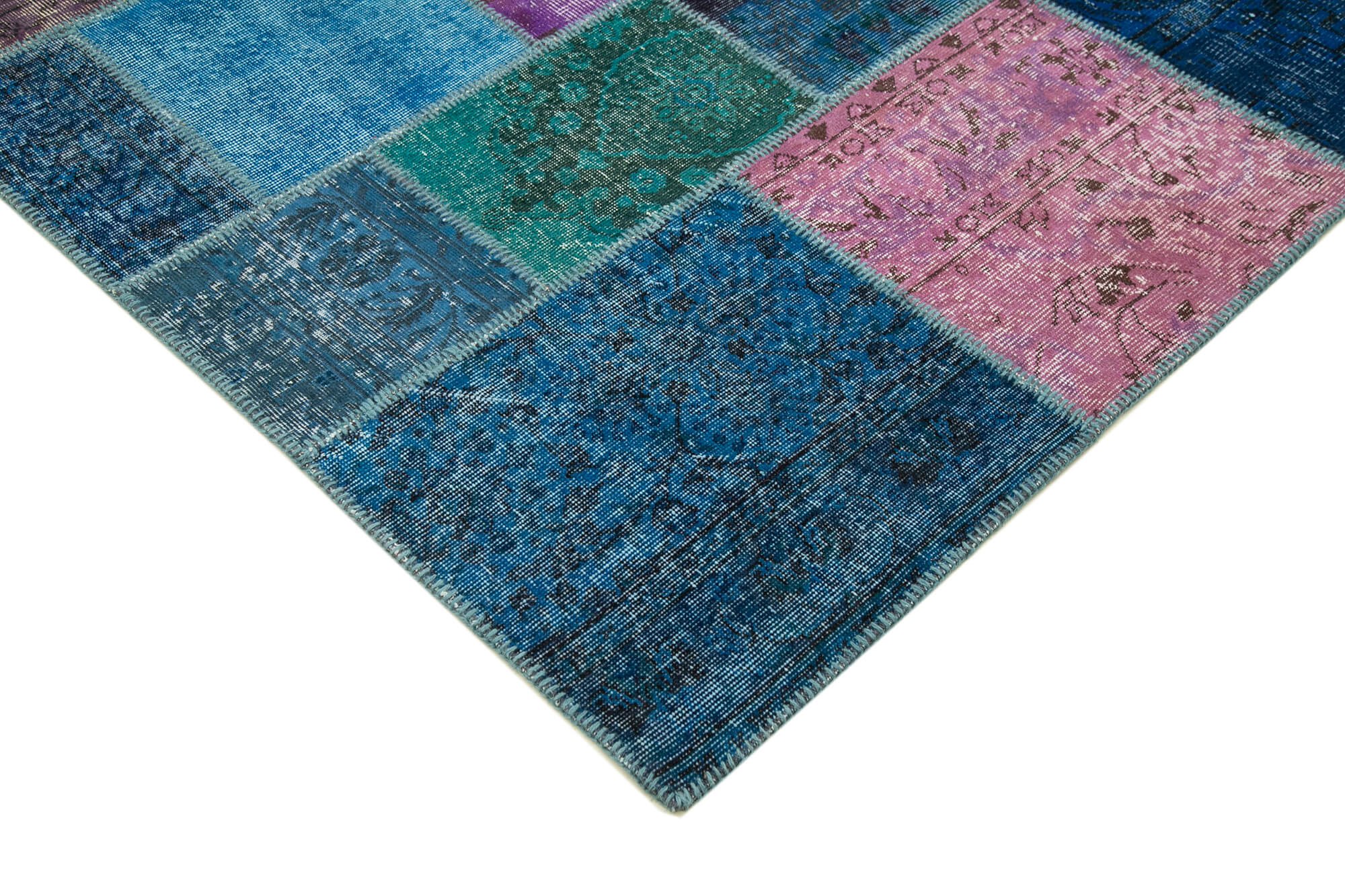 Handmade Wool Area Rug - Blue Patchwork Cotton Wool Carpet | Durable Artisan Crafted