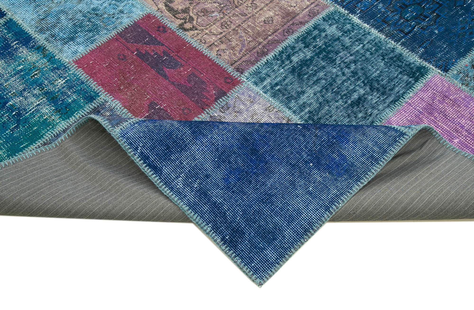 Handmade Wool Area Rug - Blue Patchwork Cotton Wool Carpet | Durable Artisan Crafted