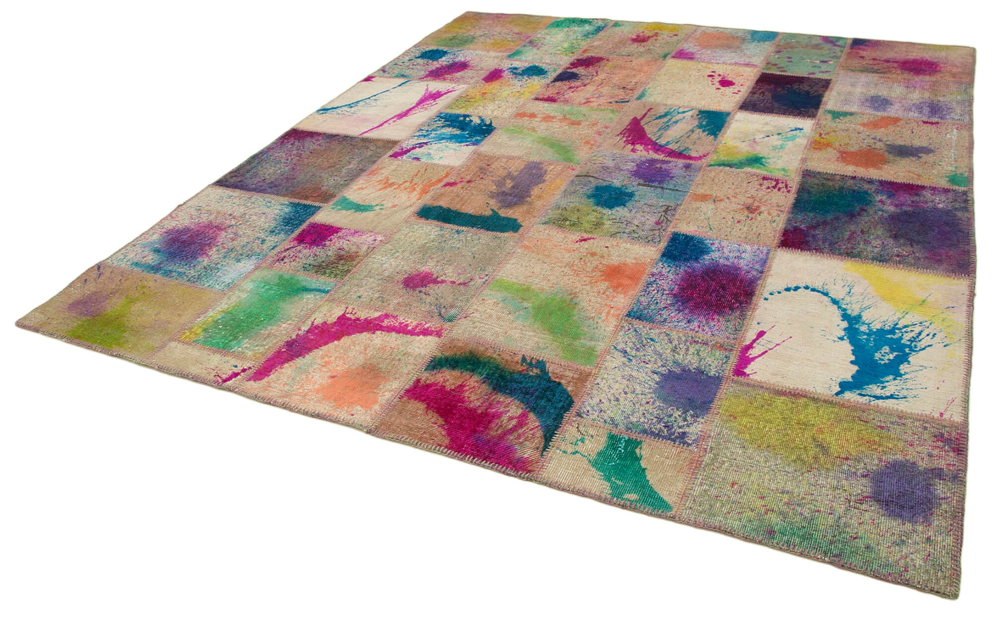 Handmade Patchwork Area Rug - Pink Patchwork Rug Cotton Wool Carpet 8'1" x 9'7"