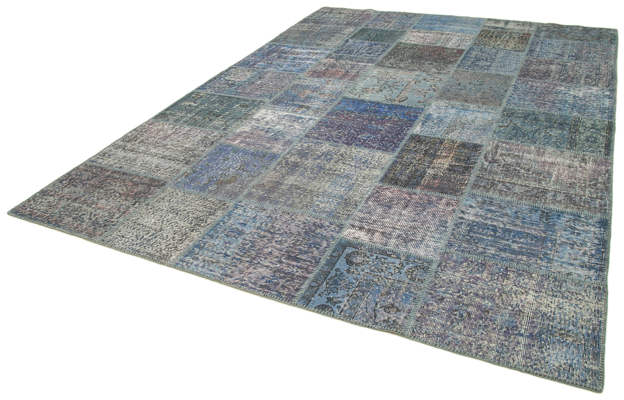 Handmade Wool Area Rug - Blue Patchwork Rug Cotton Wool Carpet 8'4"x11'8"