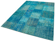 Handmade Area Rug - Turquoise Patchwork Cotton Wool Vintage Turkish Carpet 5'7''x8'