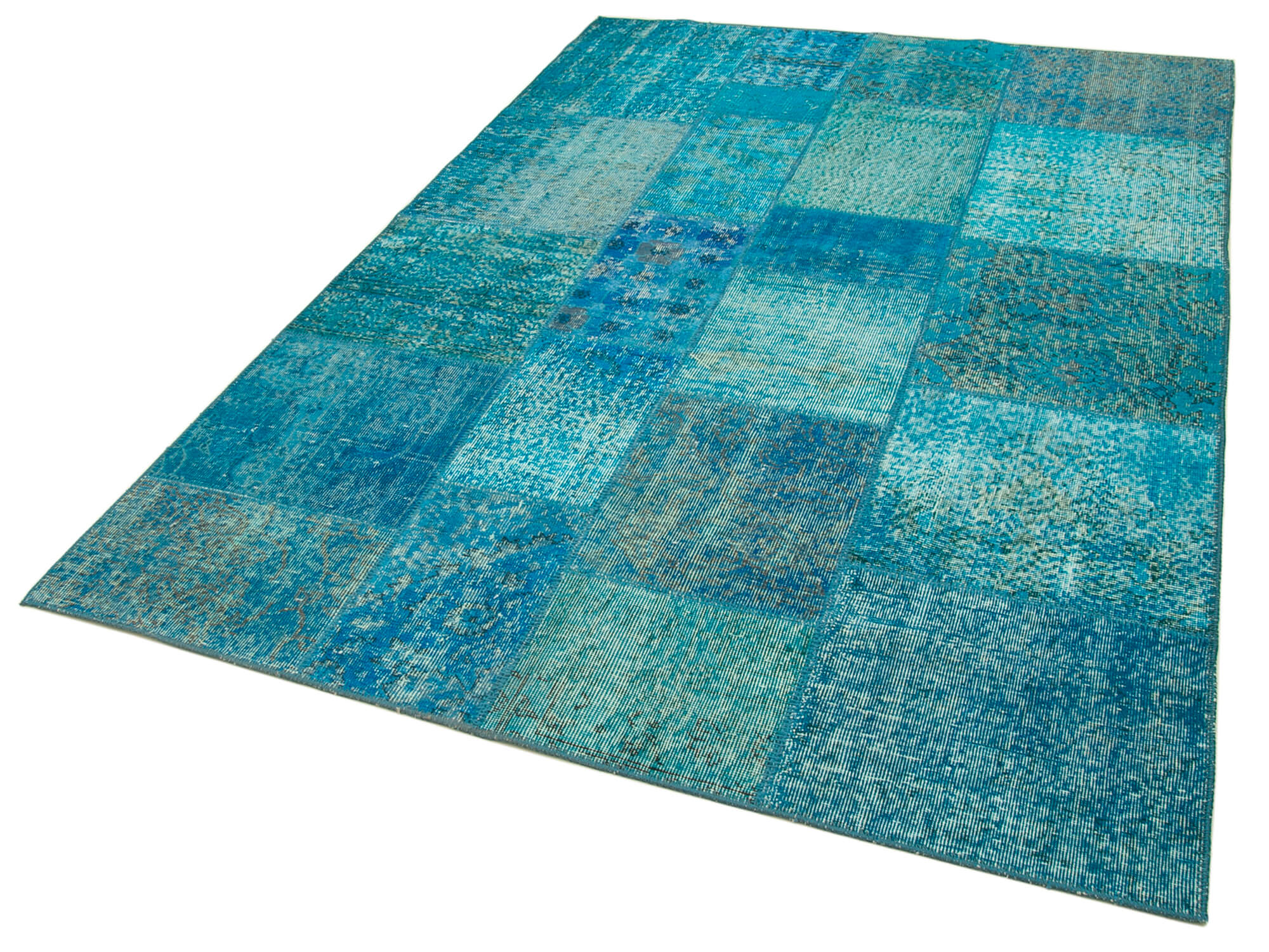 Handmade Area Rug - Turquoise Patchwork Cotton Wool Vintage Turkish Carpet 5'7''x8'