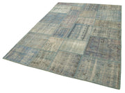 Handmade Wool Area Rug - Blue Patchwork Carpet, Soft Cotton Wool Rug 5'9''x8'