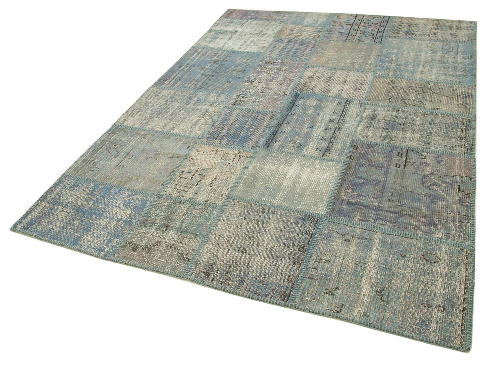 Handmade Wool Area Rug - Blue Patchwork Carpet, Soft Cotton Wool Rug 5'9''x8'