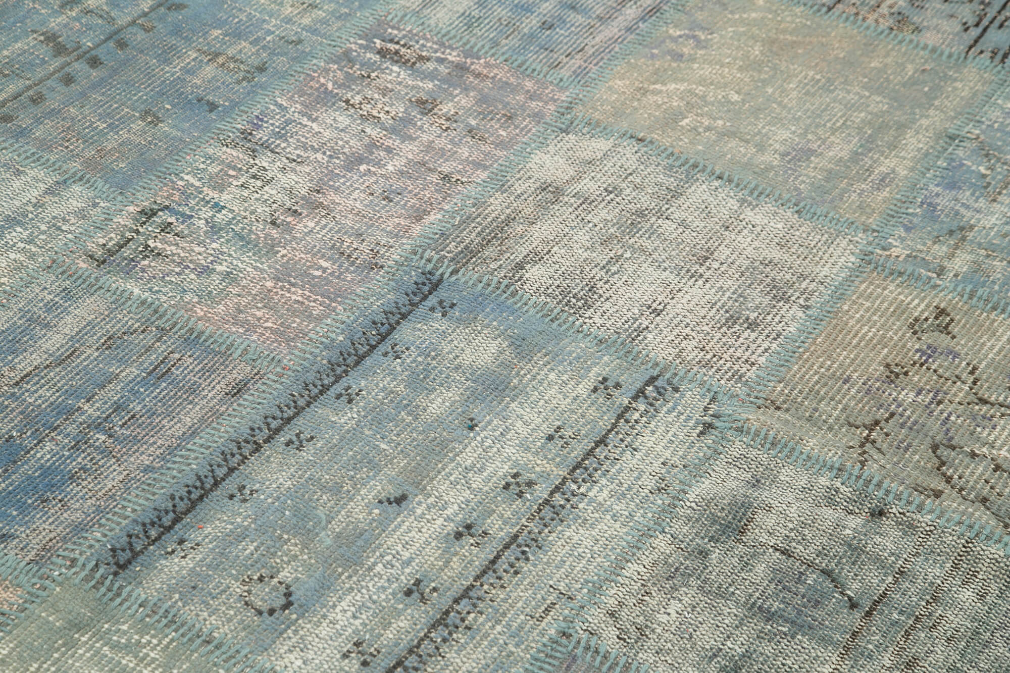Handmade Wool Area Rug - Blue Patchwork Carpet, Soft Cotton Wool Rug 5'9''x8'