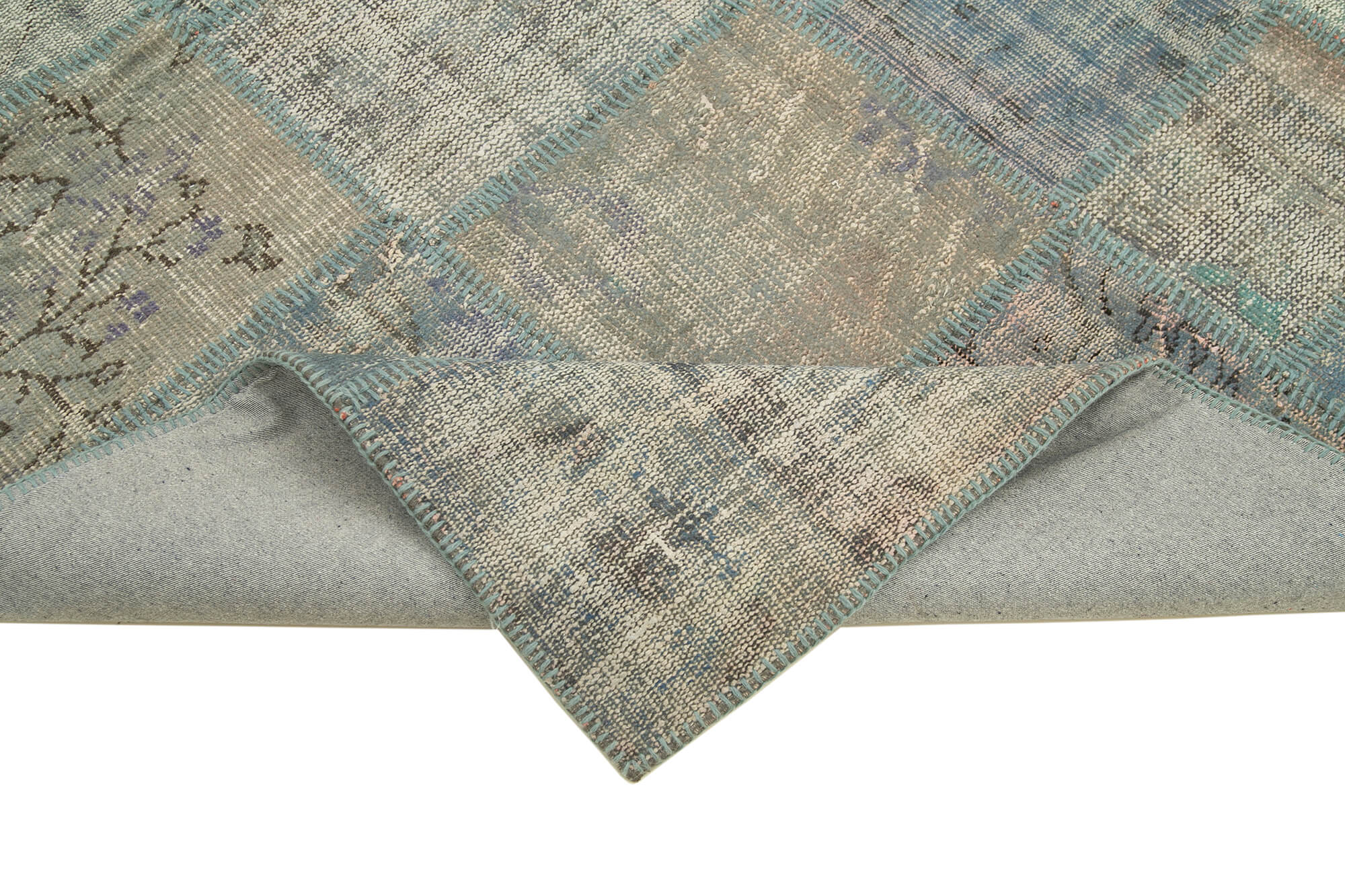 Handmade Wool Area Rug - Blue Patchwork Carpet, Soft Cotton Wool Rug 5'9''x8'
