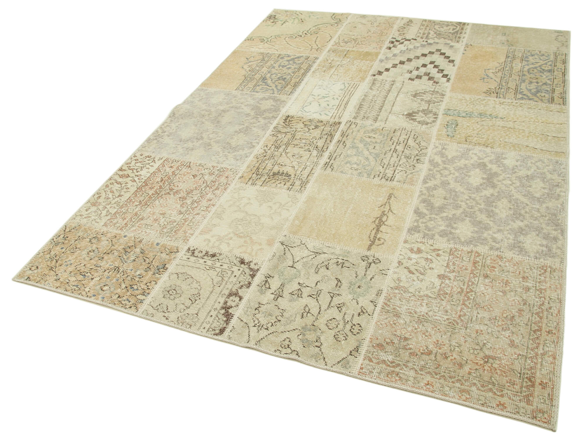 Handmade Patchwork Area Rug – Kirk Yama Beige Cotton Wool Carpet 5'7''x7'11''