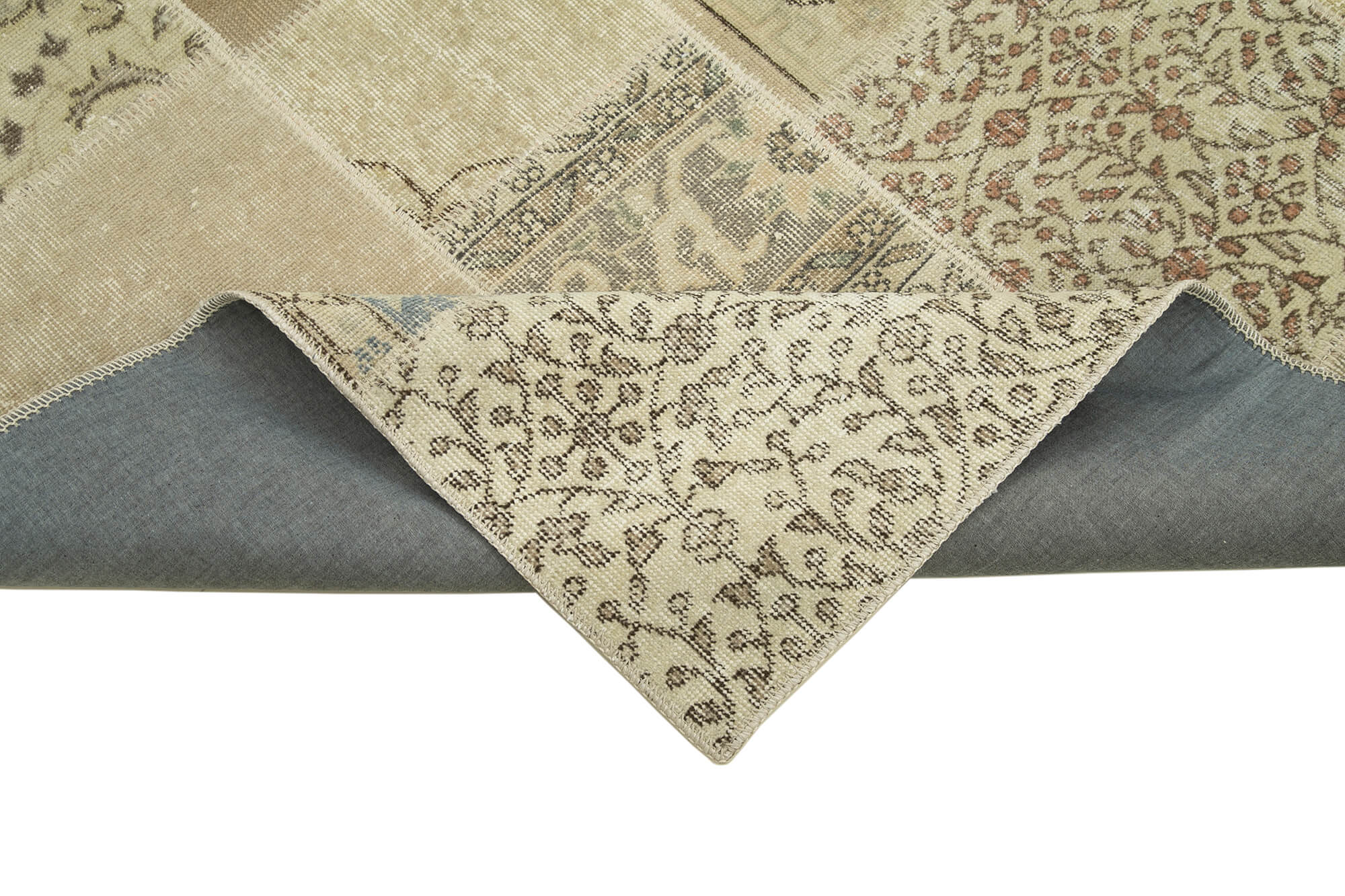 Handmade Area Rug - Beige Patchwork Cotton Wool Vintage Turkish Carpet 5'7''x7'11''
