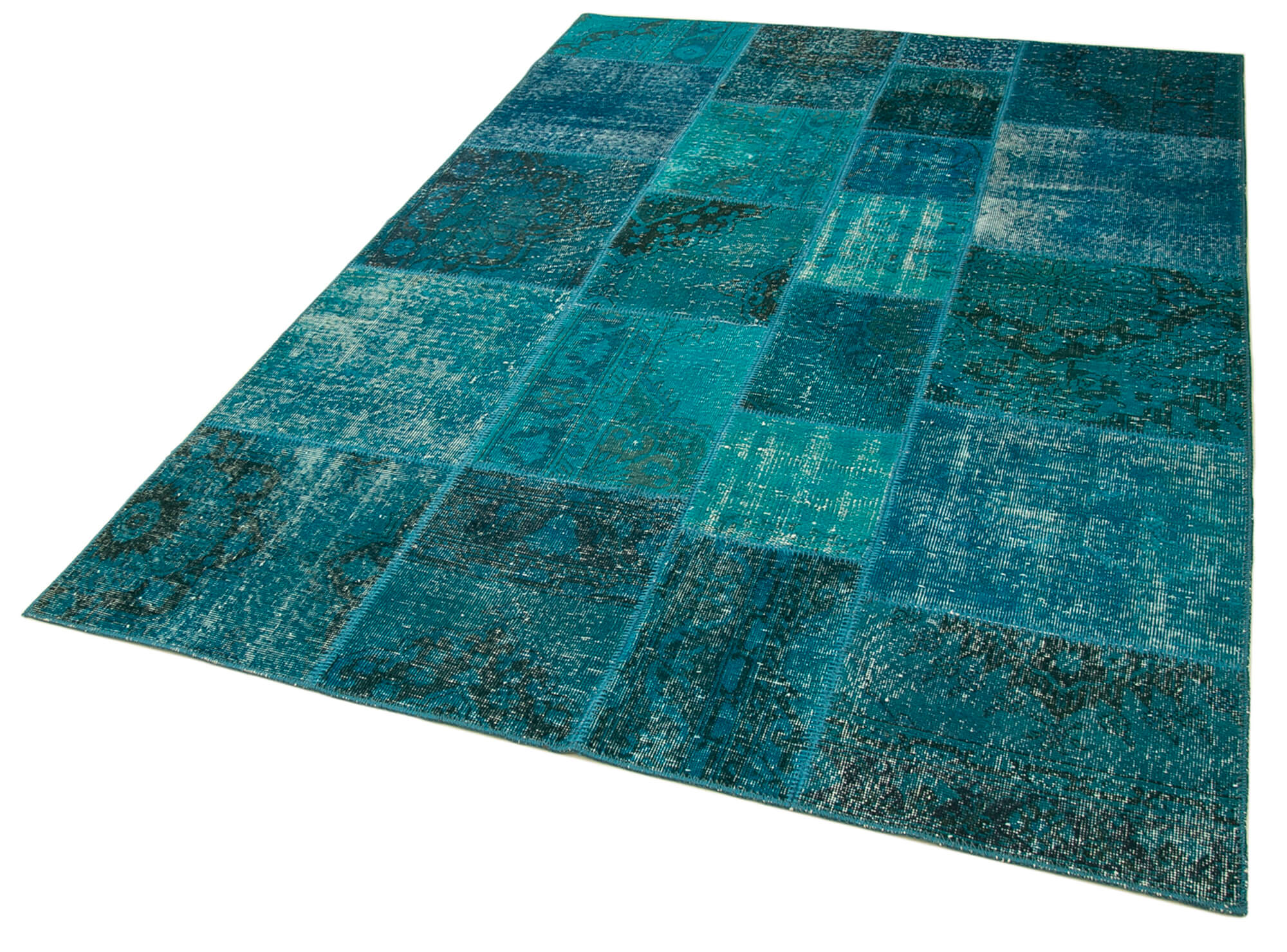 Handmade Area Rug - Turquoise Patchwork Cotton Wool Vintage Turkish Carpet 5'7''x7'10''