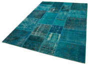 Handmade Area Rug - Turquoise Patchwork Cotton Wool Vintage Carpet 5'7''x8'0''