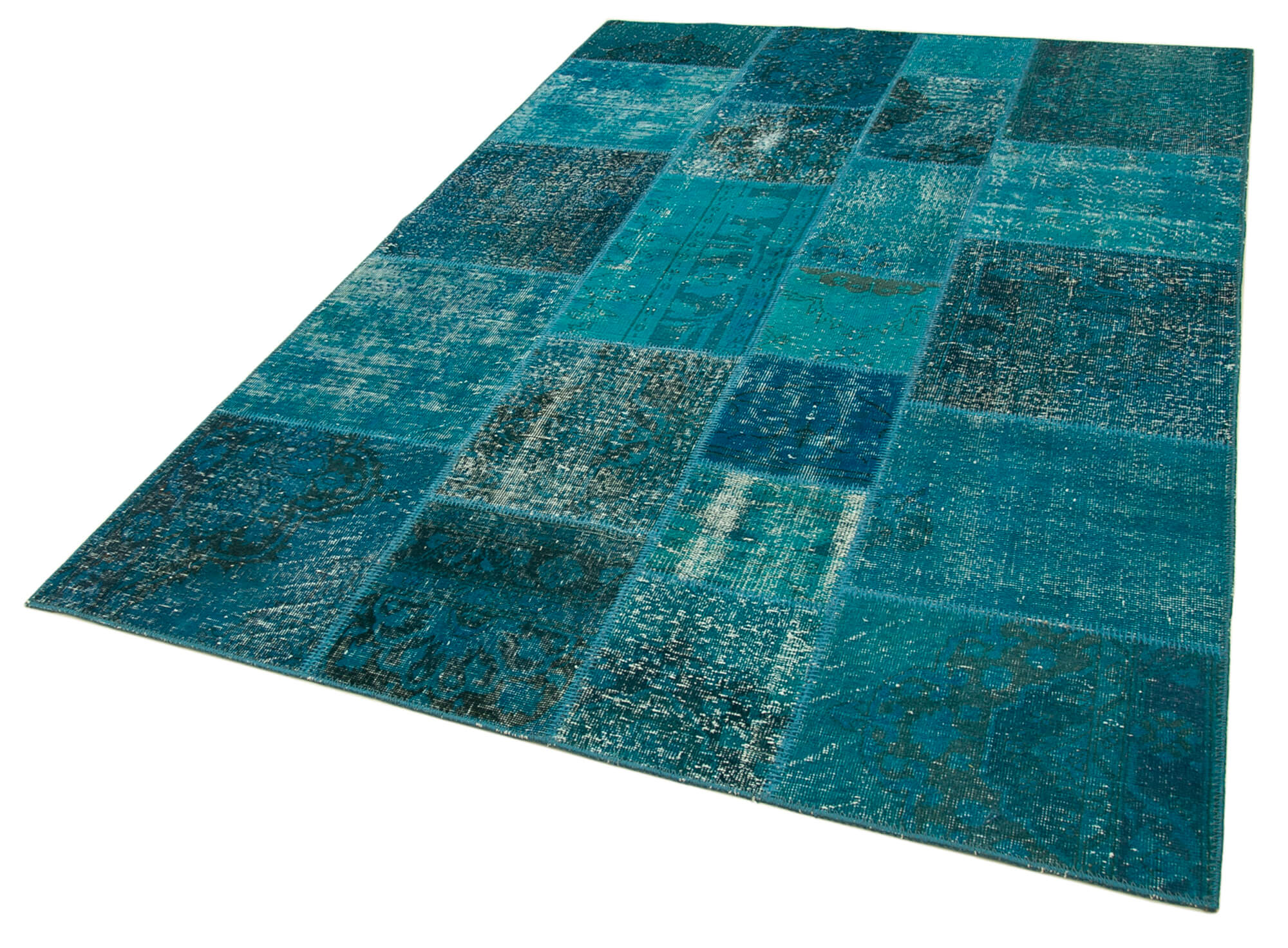 Handmade Area Rug - Turquoise Patchwork Cotton Wool Vintage Carpet 5'7''x8'0''