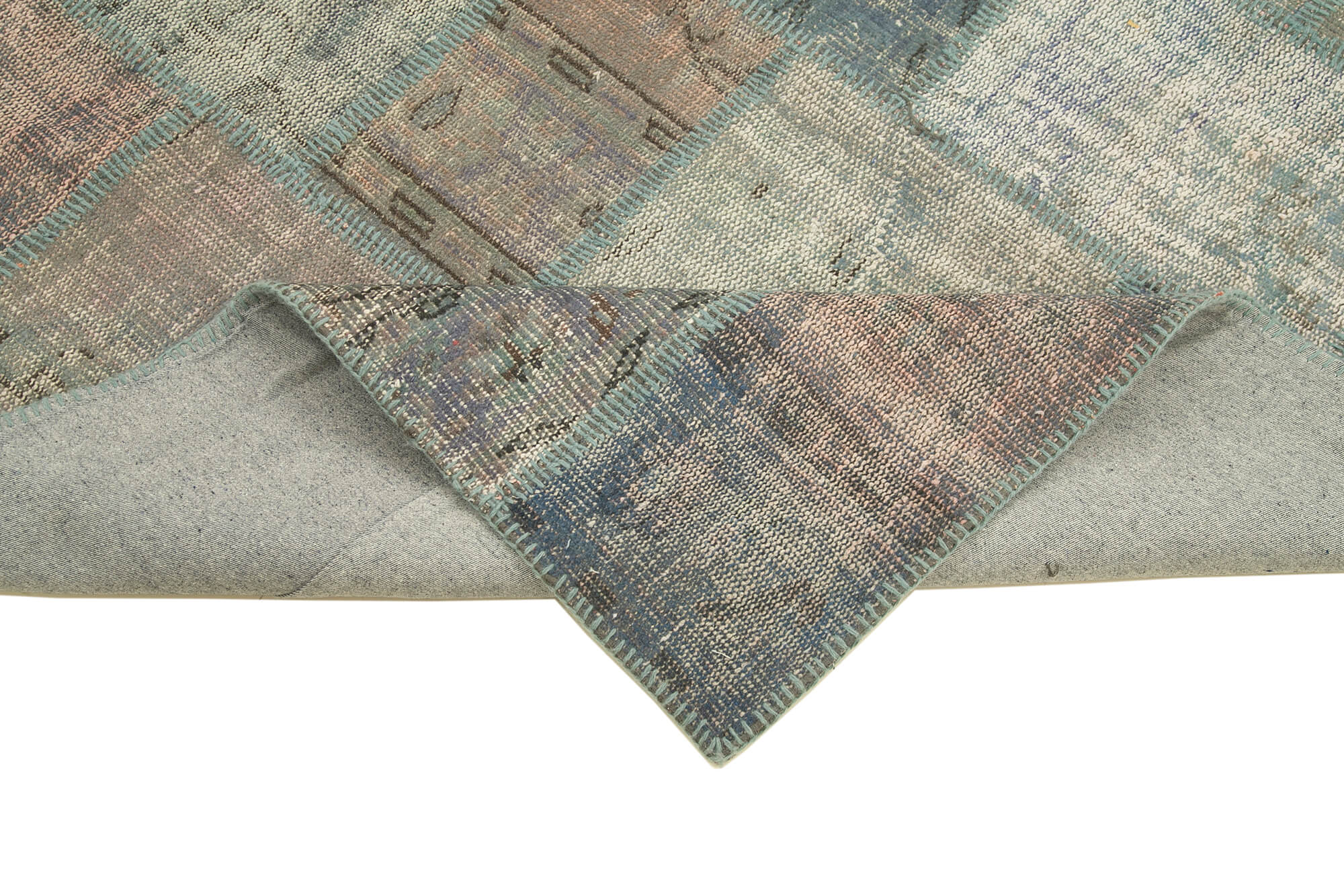 Handmade Area Rug - Blue Patchwork Cotton Wool Vintage Hand Knotted Carpet 5'10''x8'1''