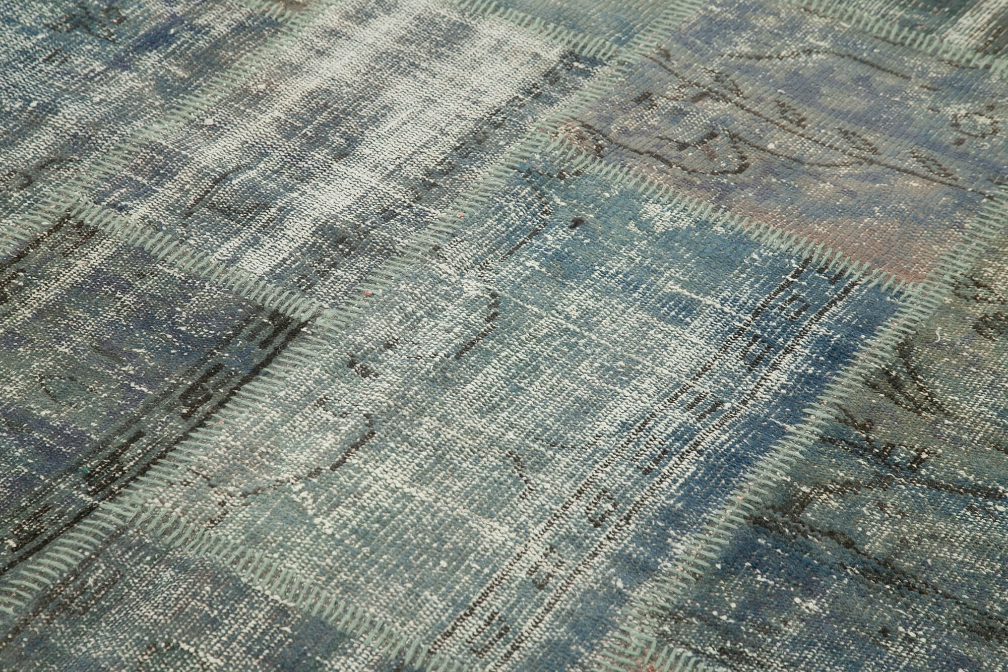 Handmade Area Rug - Blue Patchwork Cotton Wool Vintage Handwoven Carpet 5'9" x 8'0"