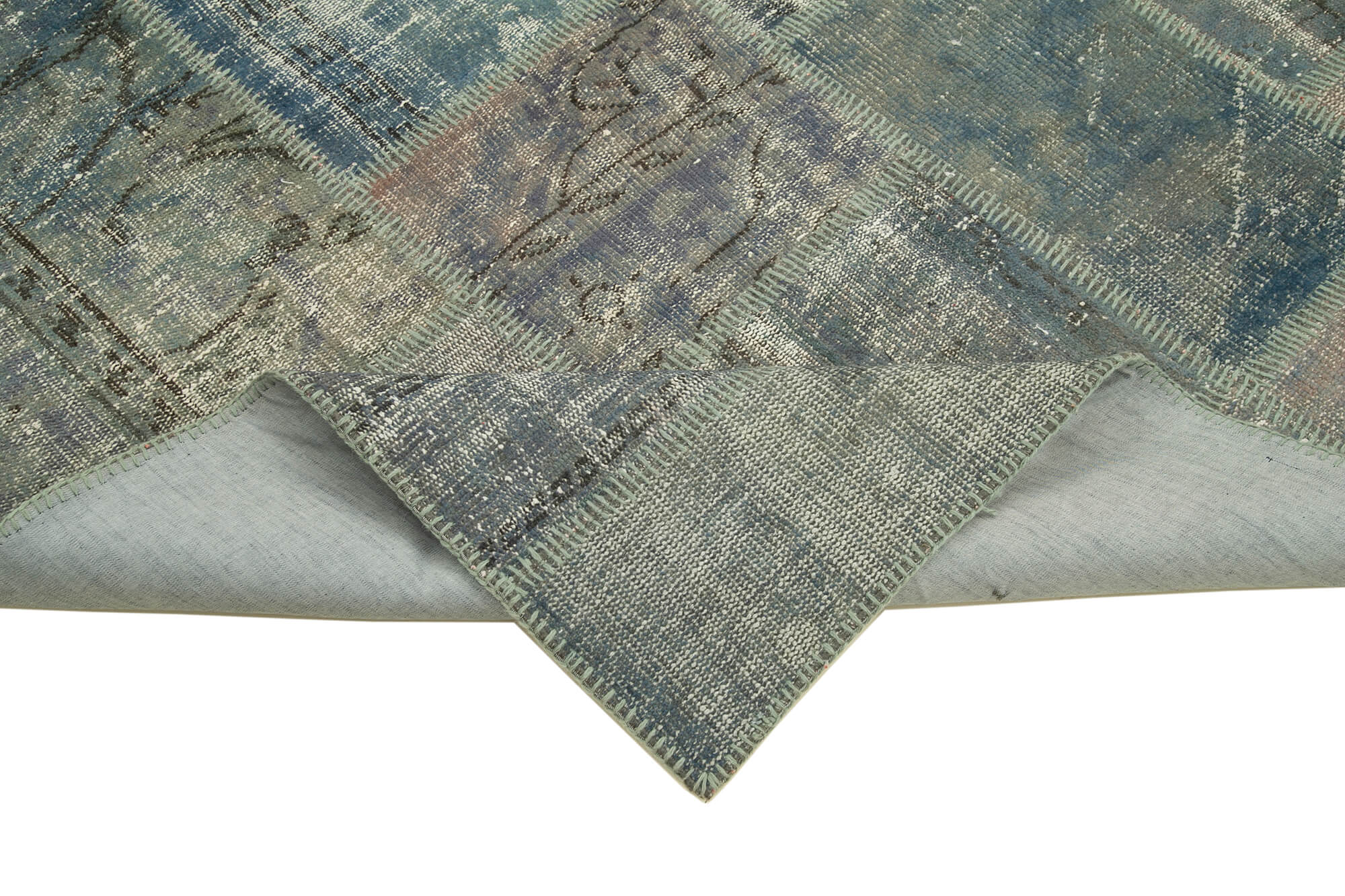 Handmade Area Rug - Blue Patchwork Cotton Wool Vintage Handwoven Carpet 5'9" x 8'0"