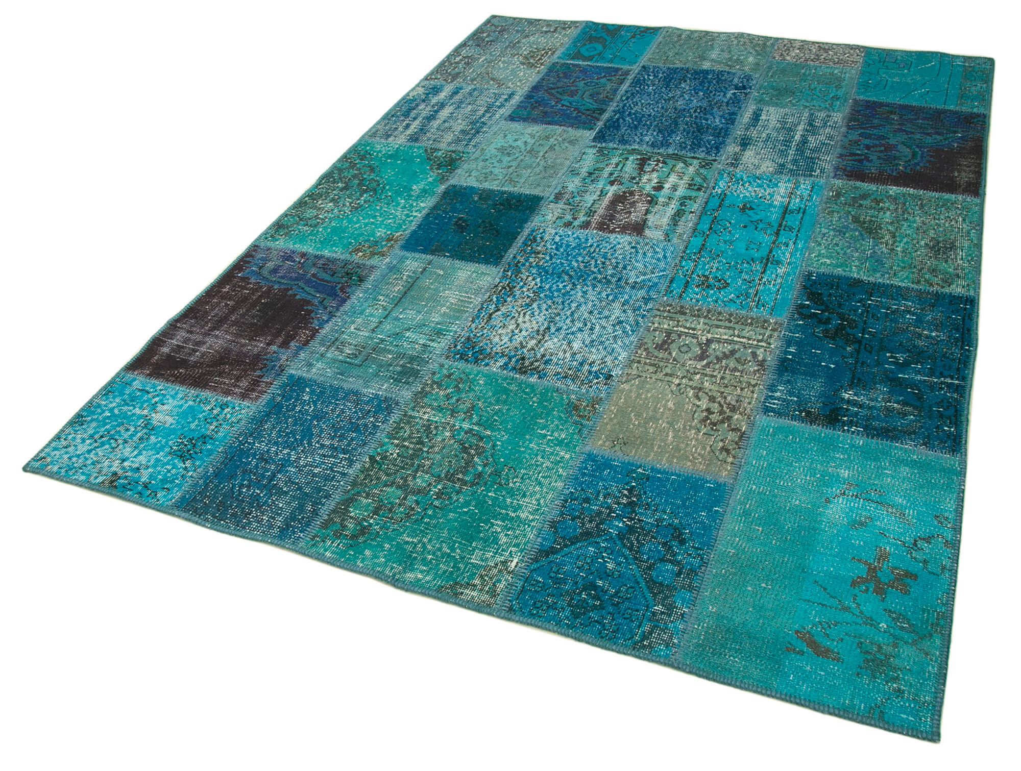 Handmade Area Rug - Turquoise Patchwork Cotton Wool Carpet 5'7''x7'11'' Durable Design