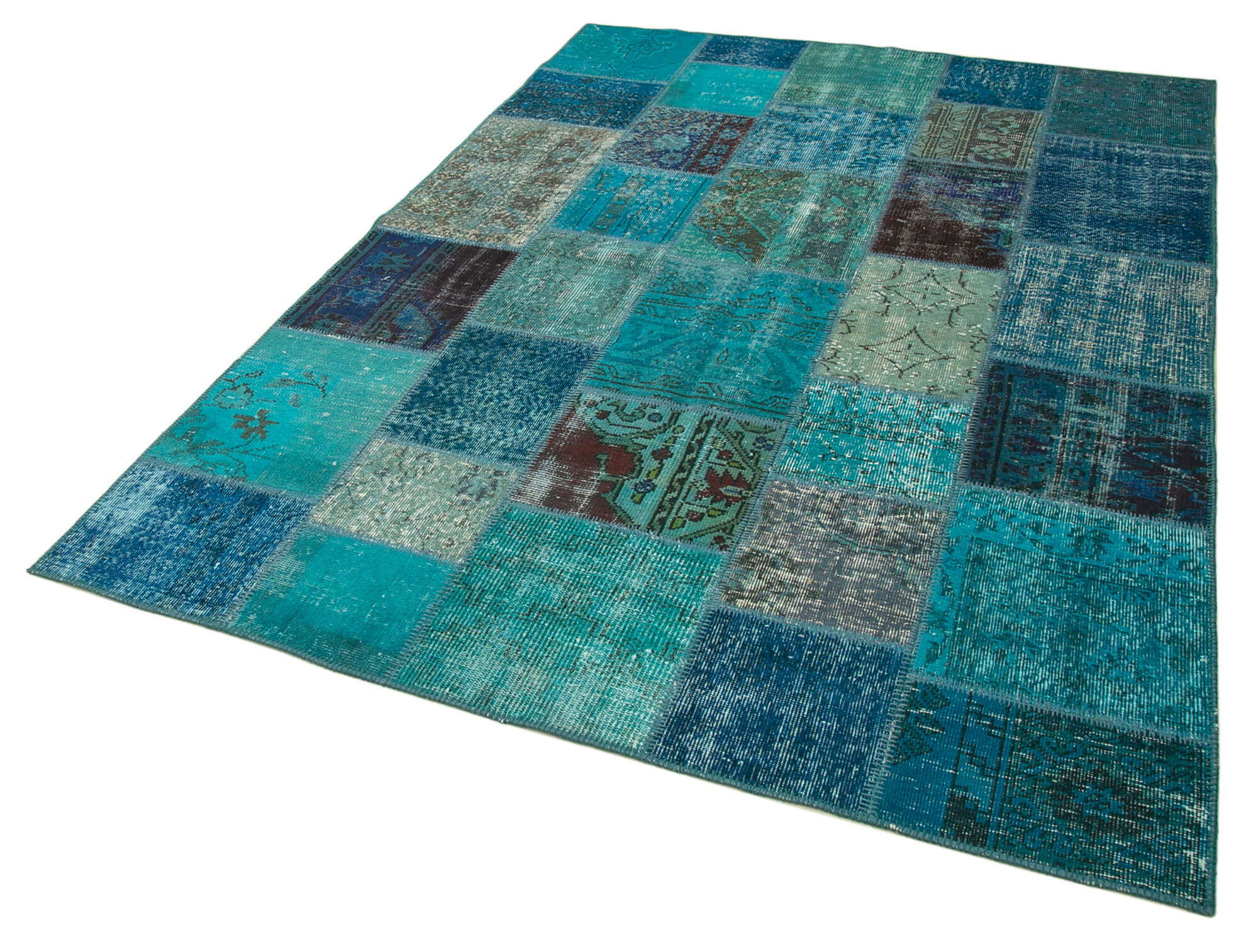 Handmade Area Rug – Turquoise Patchwork Cotton Wool Carpet 5'7'' x 7'10''