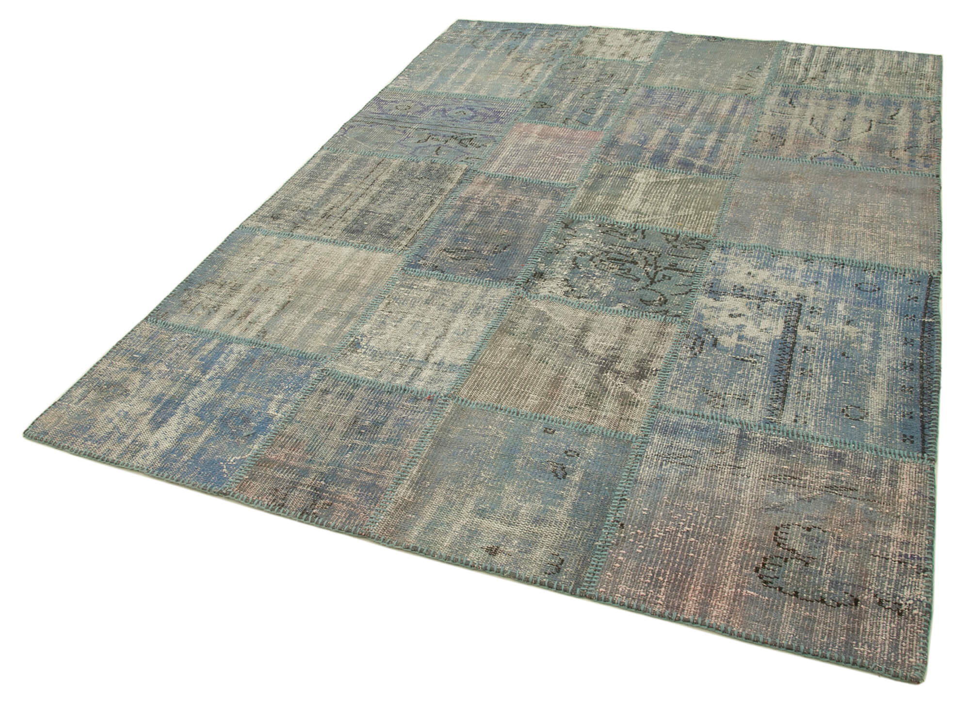 Handmade Patchwork Rug - Blue Cotton Wool Vintage Area Rug 5'9''x8'0'' for Living Room