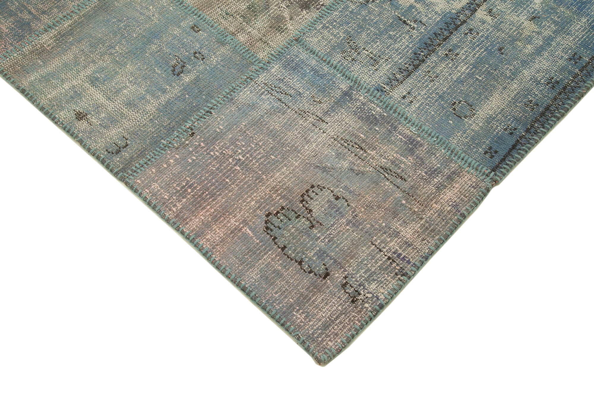 Handmade Patchwork Rug - Blue Cotton Wool Vintage Area Rug 5'9''x8'0'' for Living Room