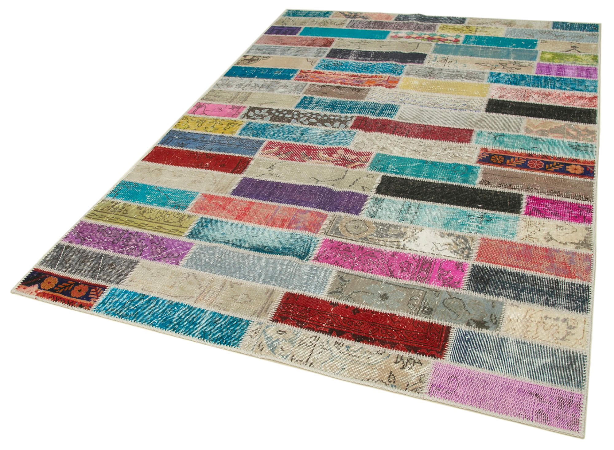 Handmade Wool Area Rug – Pink Patchwork Carpet, Cotton Wool Rug 5'7''x7'9''
