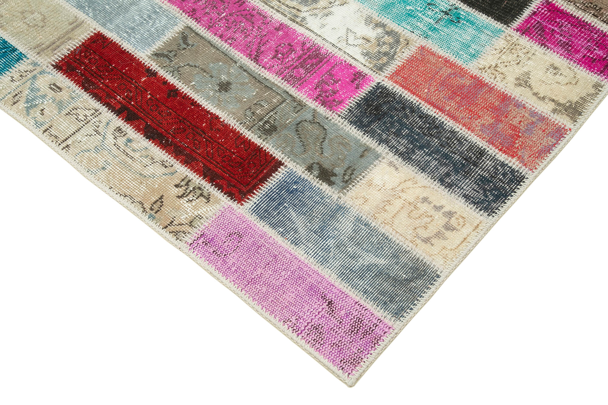 Handmade Wool Area Rug – Pink Patchwork Carpet, Cotton Wool Rug 5'7''x7'9''