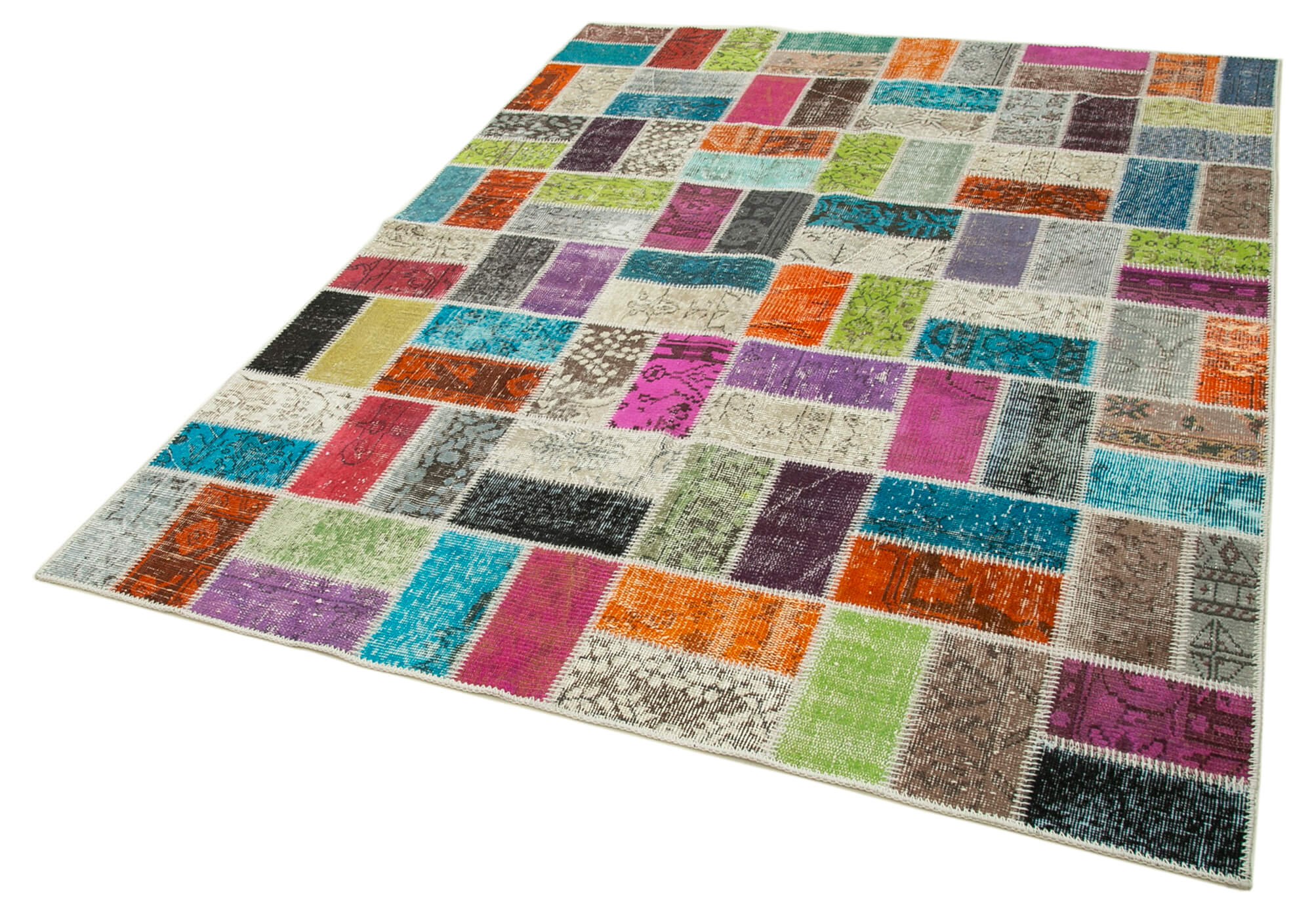 Handmade Area Rug - Pink Patchwork Cotton Wool Vintage Carpet 5'8'' x 7'5''