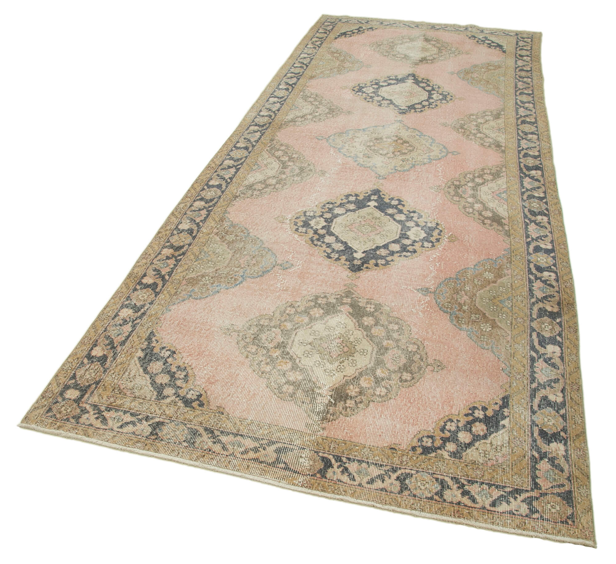 Handmade Vintage Area Rug - Beige Cotton Wool Rug, Turkish Traditional Hand Knotted Carpet 4'8''x12'2''