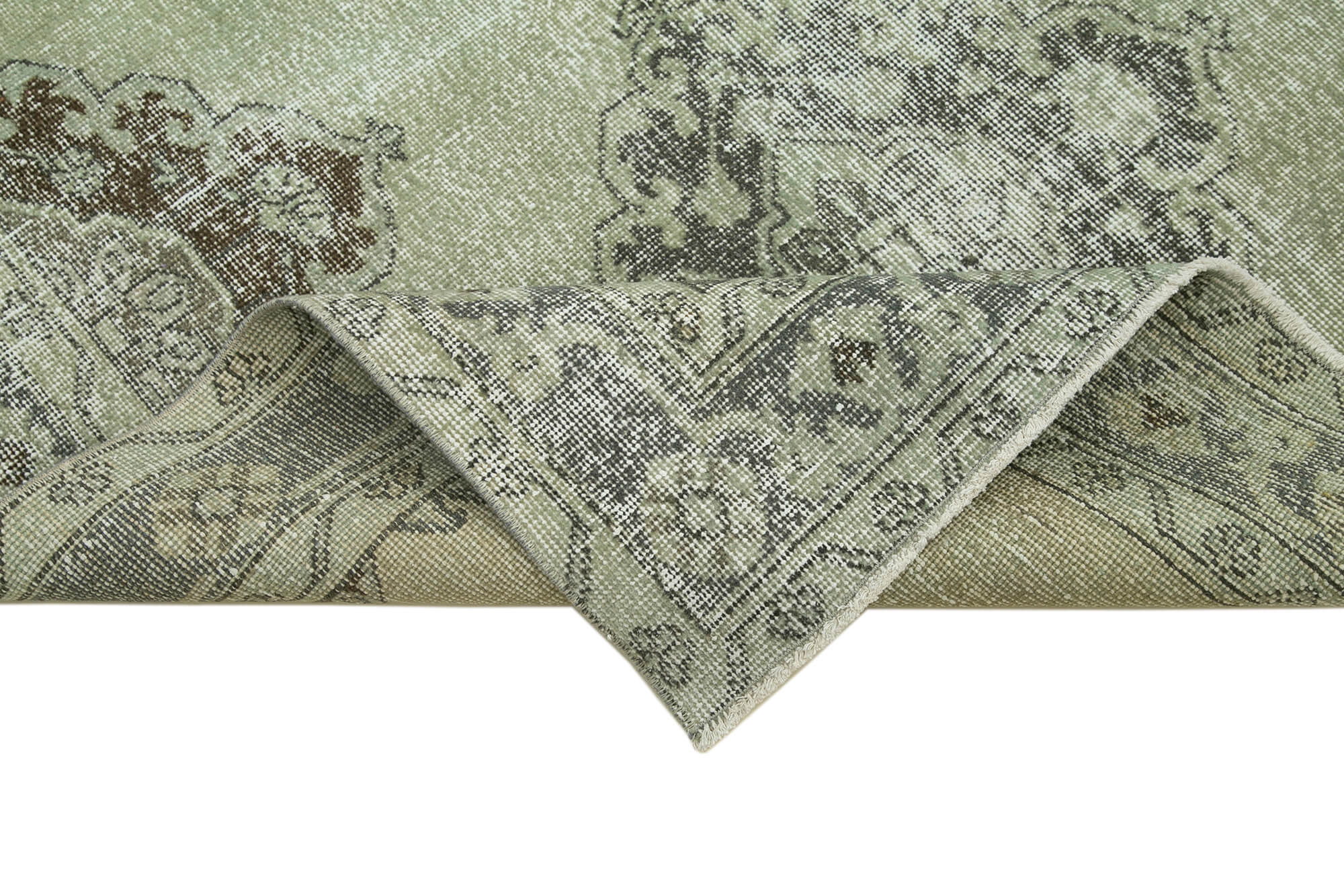 Vintage Wool Area Rug – Handmade Cotton Rug, Green Turkish Hand Knotted Carpet 4'10''x12'4''